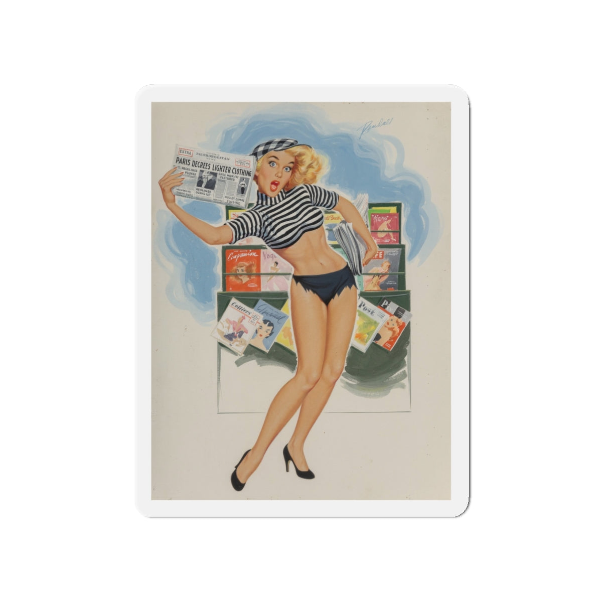 Paris Decrees Lighter Clothing!, Brown & Bigelow calendar illustration, 1964 (Magazine Illustration) Refrigerator Magnet-4" x 4"-The Sticker Space