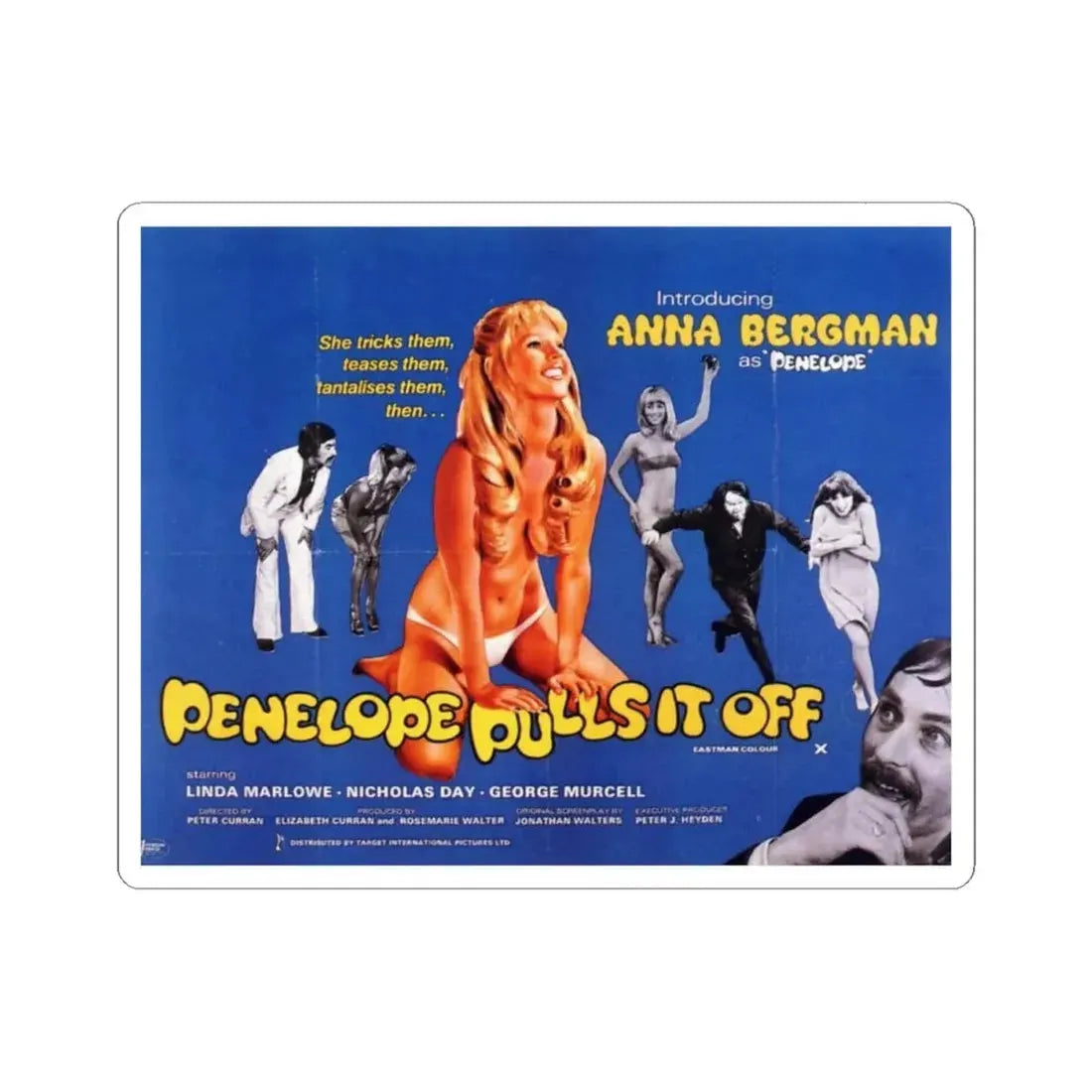 PENELOPE PULLS IT OFF 1975 Movie Poster - STICKER Vinyl Kiss-Cut Decal 4 Inch White - The Sticker Space