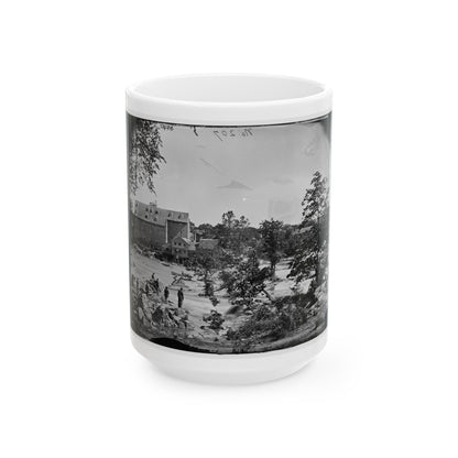 Petersburg, Va., Vicinity. Johnson's Mill On The Appomattox Near Campbell's Bridge; Soldiers Standing On Rocks In The Stream (U.S. Civil War) White Coffee Mug-15oz-The Sticker Space