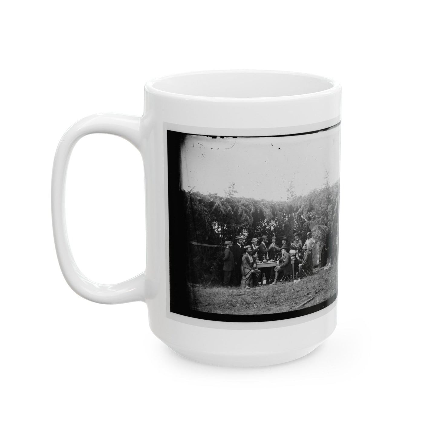 Petersburg, Virginia. Group At Telegraphic Corps Quarters. Headquarters, Army Of The Potomac (U.S. Civil War) White Coffee Mug-The Sticker Space