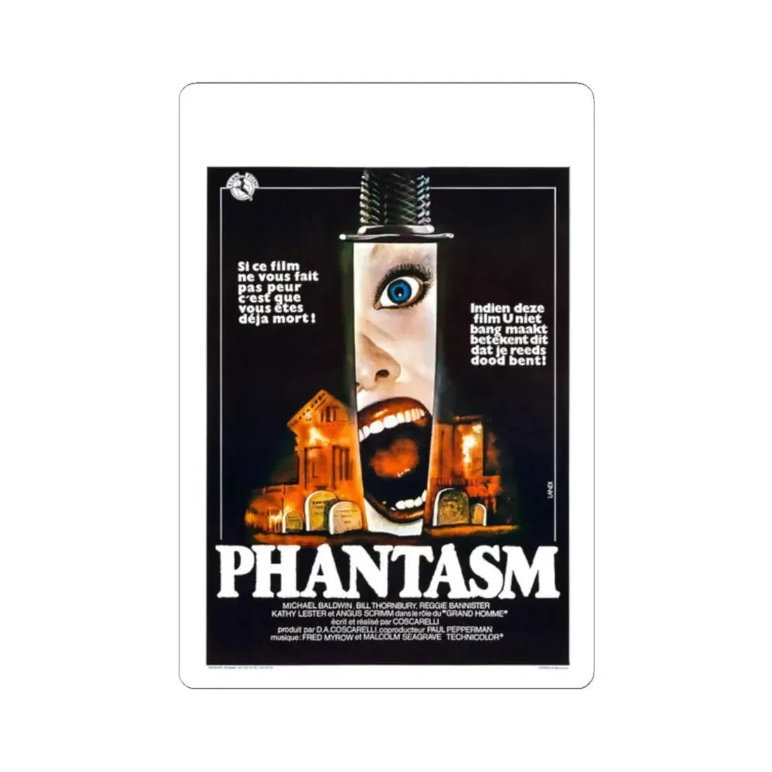 PHANTASM (BELGIAN) 1979 Movie Poster - STICKER Vinyl Kiss-Cut Decal 2 Inch White - The Sticker Space