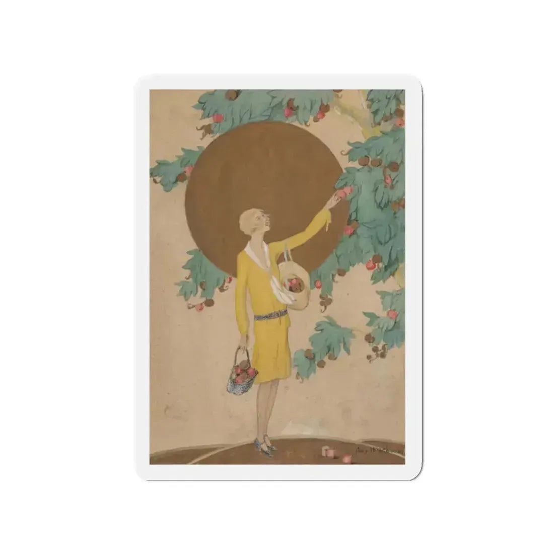 Picking Apples, Golden Book cover, August 1927 (Magazine Illustration) Refrigerator Magnet 2 Inch Die-Cut - The Sticker Space