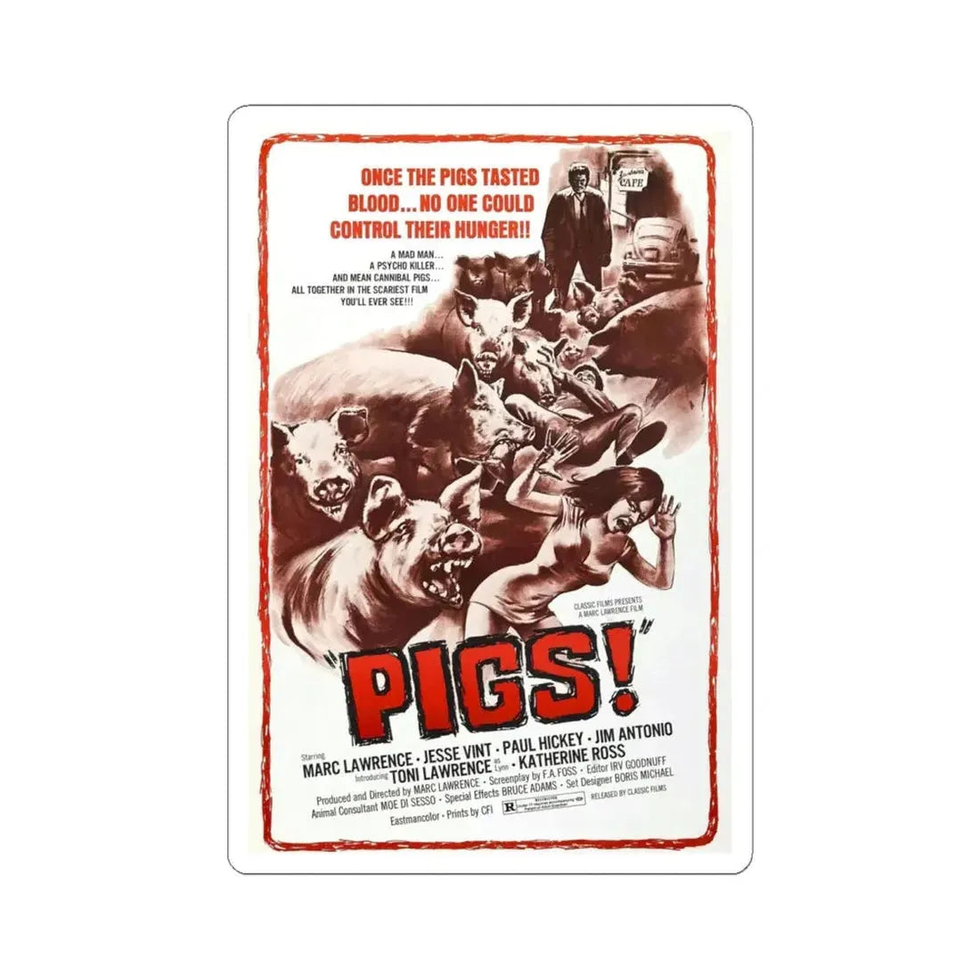 PIGS! 1973 Movie Poster - STICKER Vinyl Kiss-Cut Decal 6 Inch White - The Sticker Space