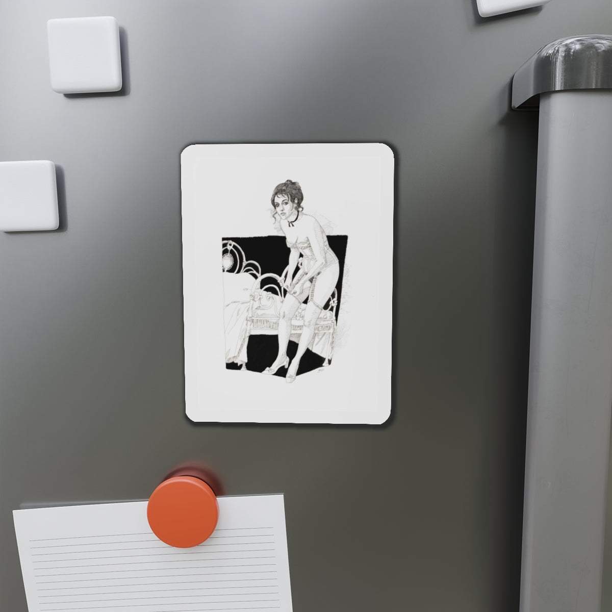 Pin-Up Getting Dressed, calendar illustration, 1974 (Magazine Illustration) Refrigerator Magnet-The Sticker Space