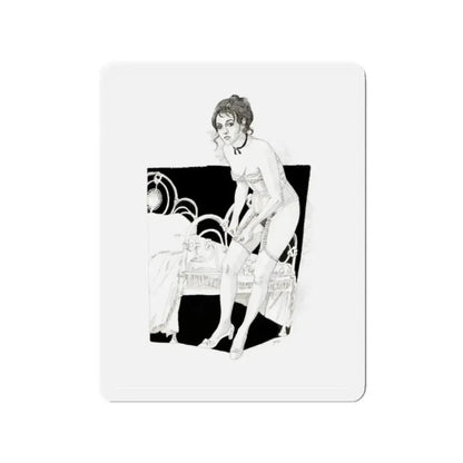 Pin-Up Getting Dressed, calendar illustration, 1974 (Magazine Illustration) Refrigerator Magnet 2 Inch Die-Cut - The Sticker Space