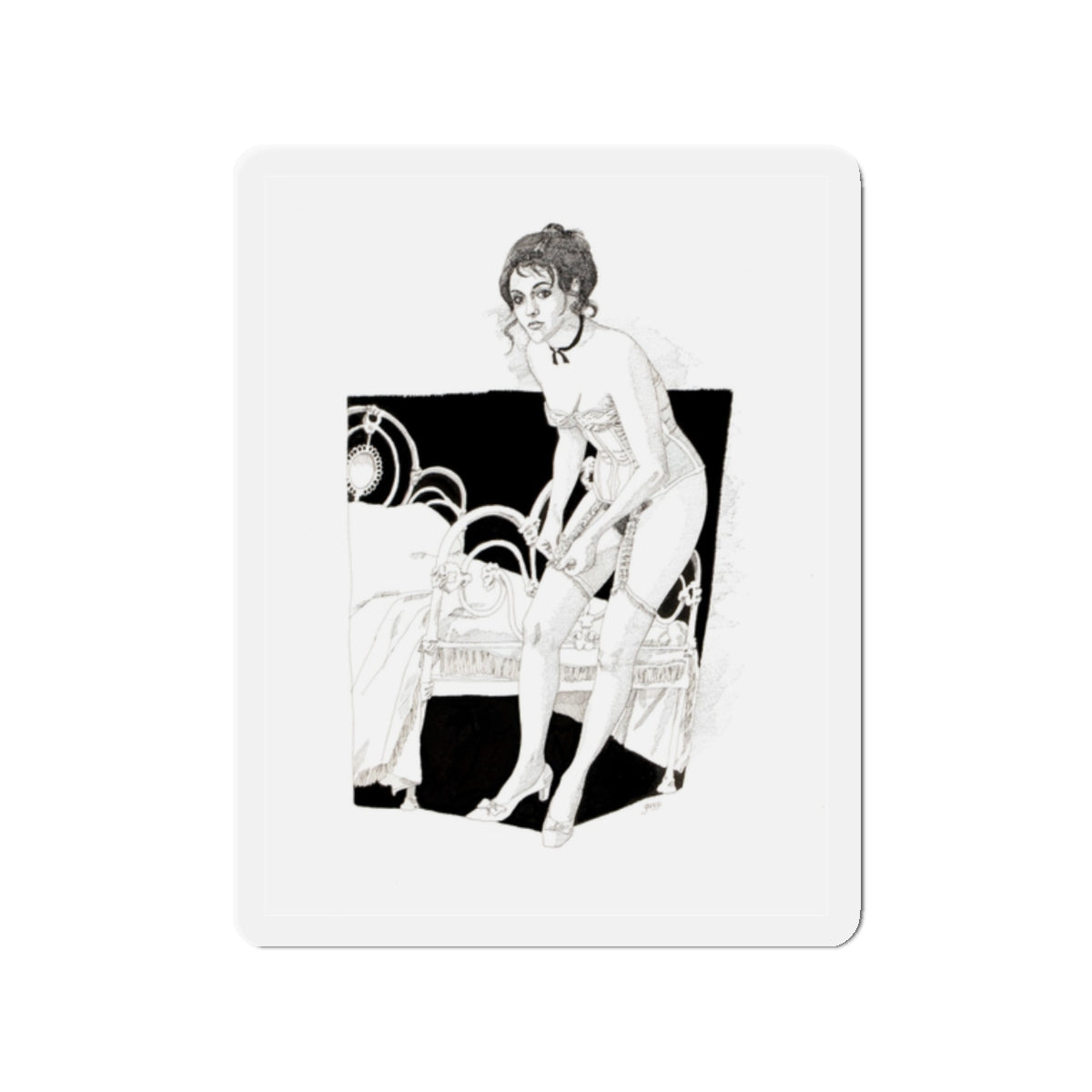 Pin-Up Getting Dressed, calendar illustration, 1974 (Magazine Illustration) Refrigerator Magnet-2" x 2"-The Sticker Space