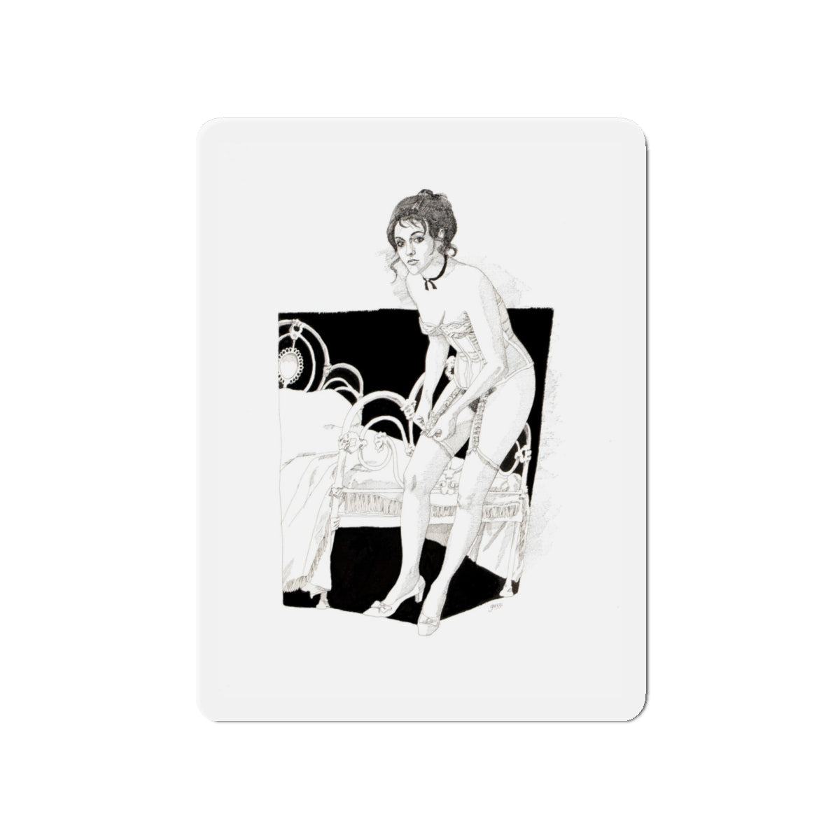 Pin-Up Getting Dressed, calendar illustration, 1974 (Magazine Illustration) Refrigerator Magnet-4" x 4"-The Sticker Space