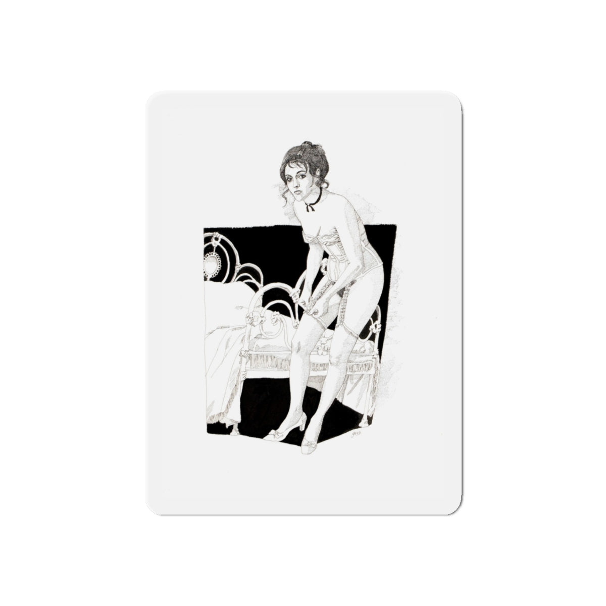 Pin-Up Getting Dressed, calendar illustration, 1974 (Magazine Illustration) Refrigerator Magnet-6 × 6"-The Sticker Space