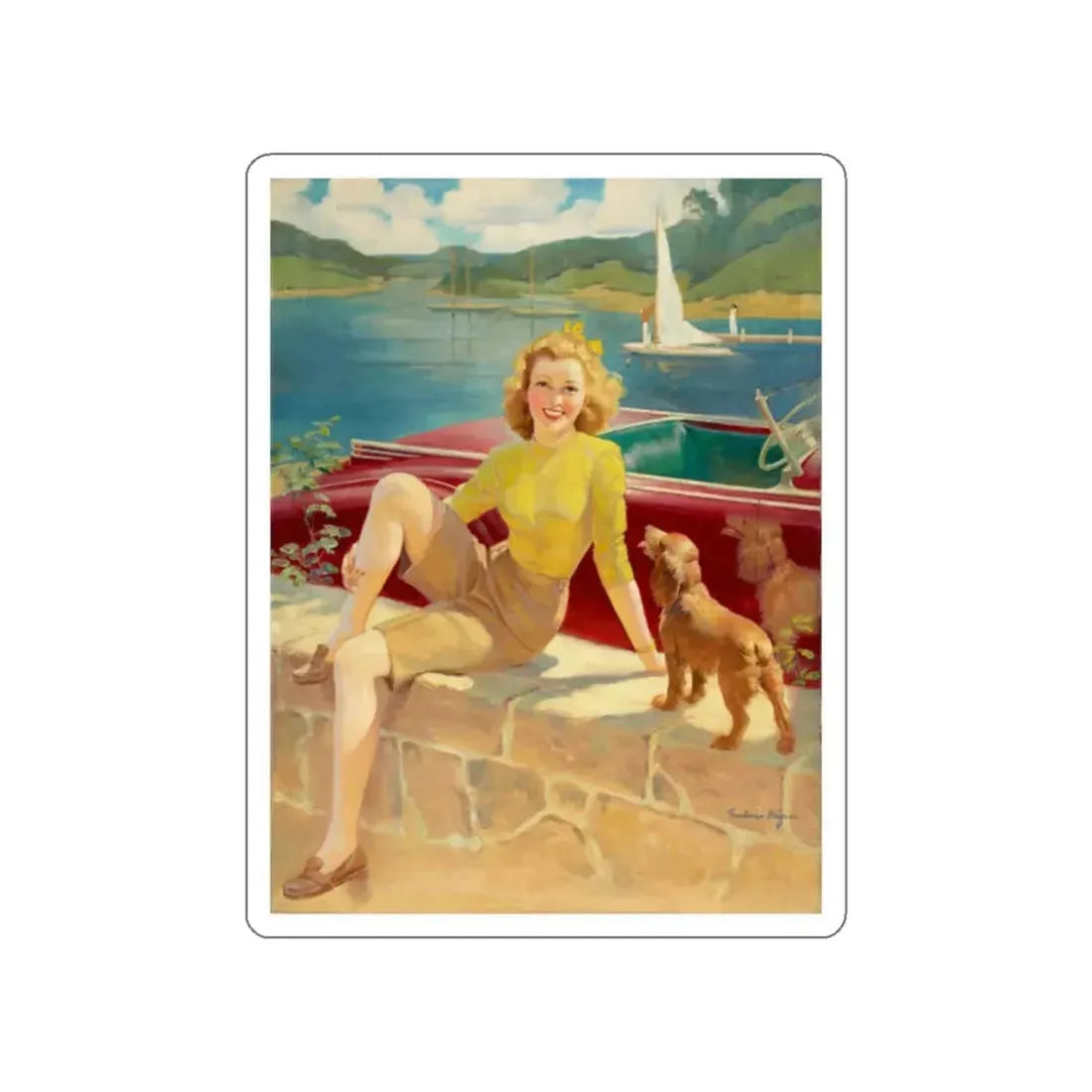 Pin-Up with Puppy (Magazine Illustration) STICKER Vinyl Die-Cut Decal - The Sticker Space