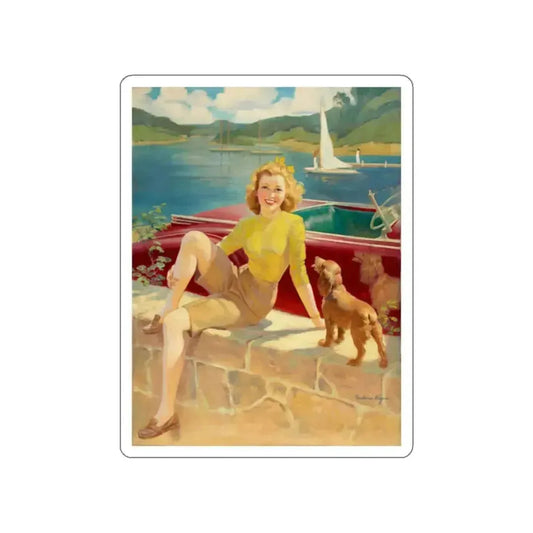 Pin-Up with Puppy (Magazine Illustration) STICKER Vinyl Die-Cut Decal White Die-Cut 2 Inch - The Sticker Space