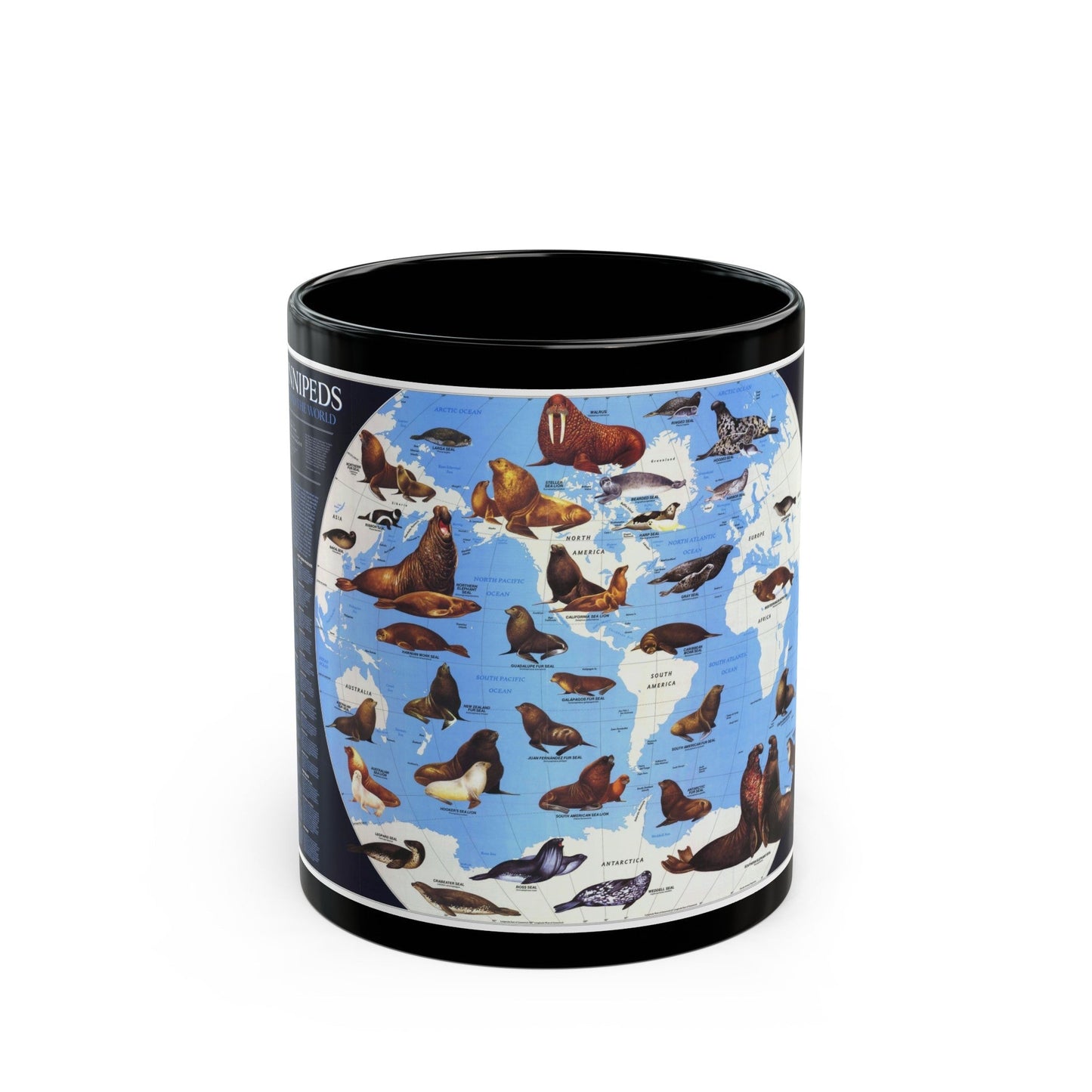 Pinnipeds Around the World (1987) (Map) Black Coffee Mug-11oz-The Sticker Space