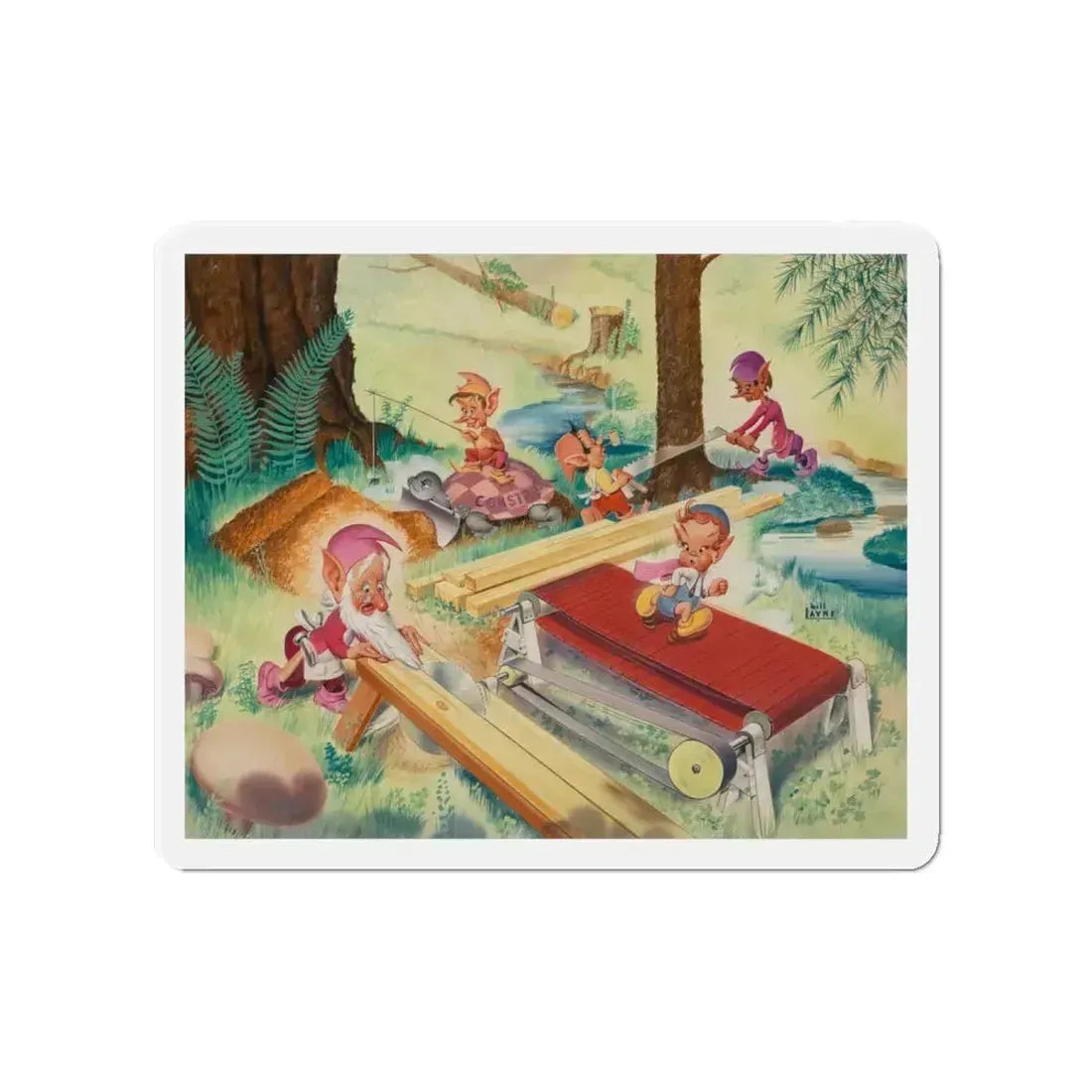 Pixie Construction, probable calender illustration, 1951 (Magazine Illustration) Refrigerator Magnet 4 Inch Die-Cut - The Sticker Space