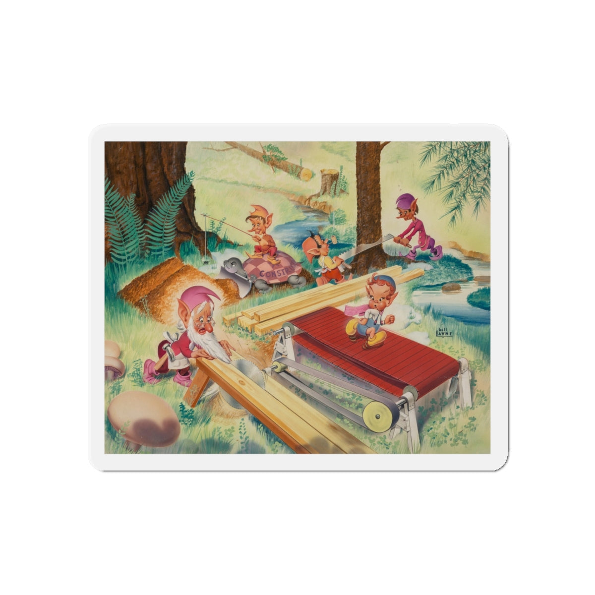 Pixie Construction, probable calender illustration, 1951 (Magazine Illustration) Refrigerator Magnet-5" x 5"-The Sticker Space