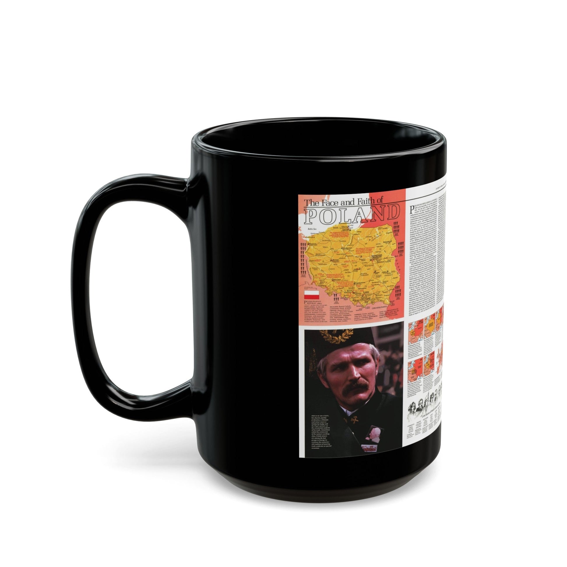 Poland - The Face and Faith 1 (1982) (Map) Black Coffee Mug-The Sticker Space