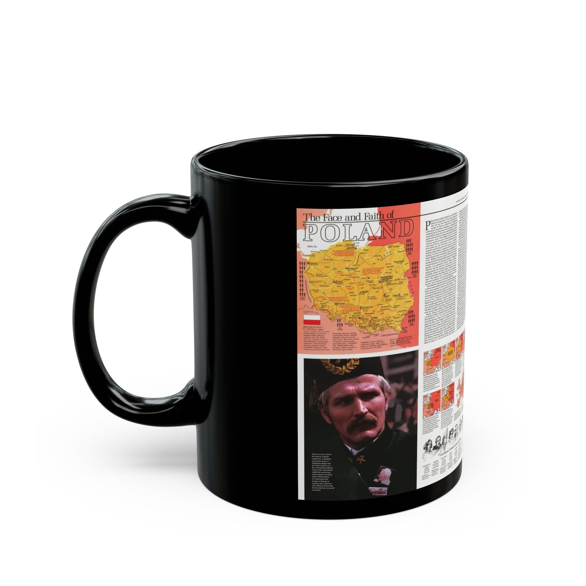 Poland - The Face and Faith 1 (1982) (Map) Black Coffee Mug-The Sticker Space