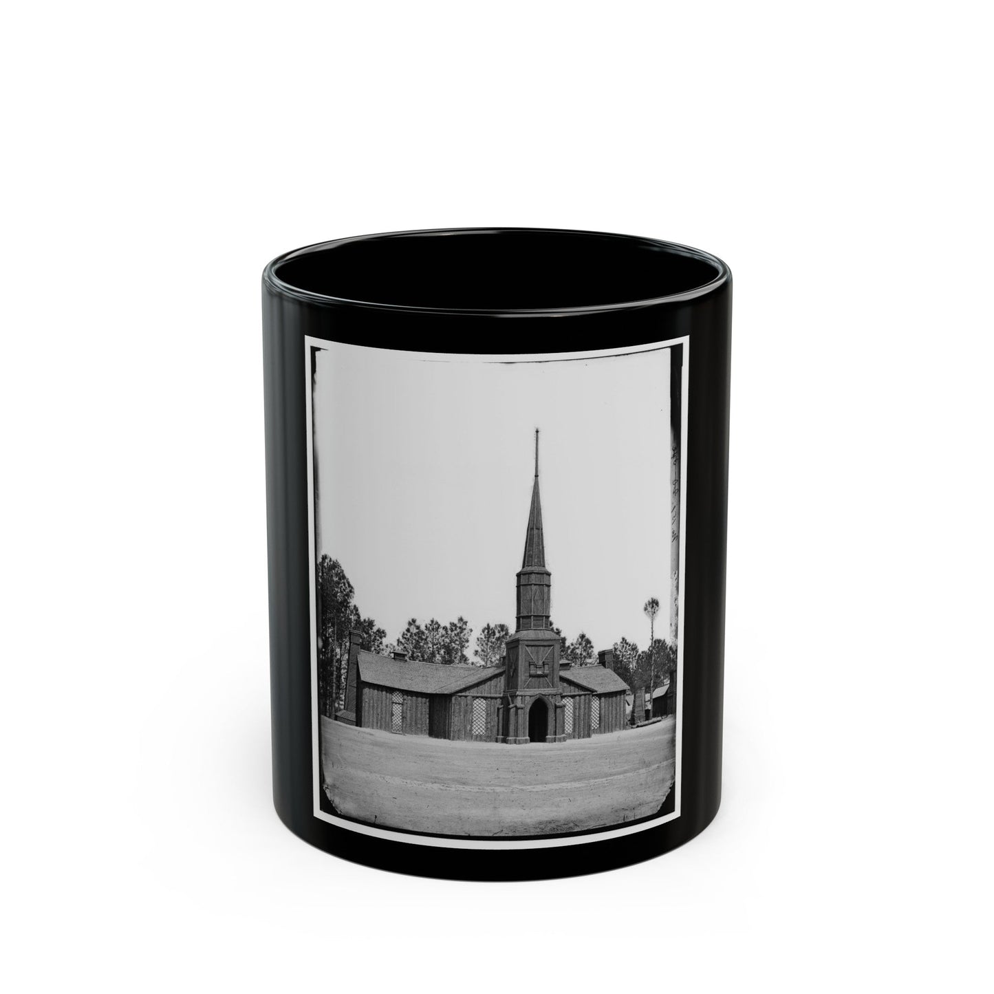 Poplar Grove, Va. Log Church Built By The 50th New York Engineers, With The Engineer Insignia Above The Door (U.S. Civil War) Black Coffee Mug-11oz-The Sticker Space