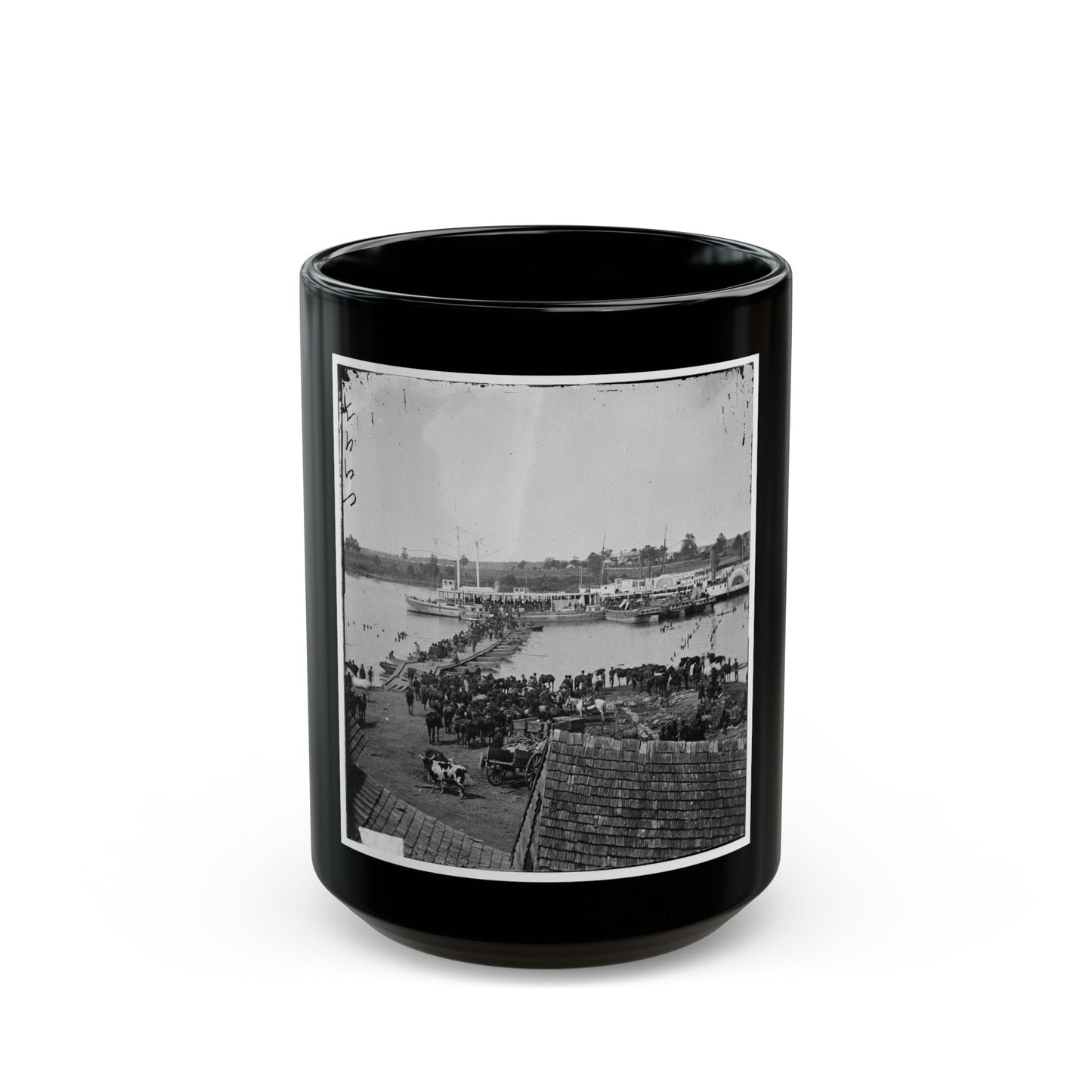 Port Royal, Va. Transports Being Loaded From A Pontoon Bridge During The Evacuation (U.S. Civil War) Black Coffee Mug-15oz-The Sticker Space