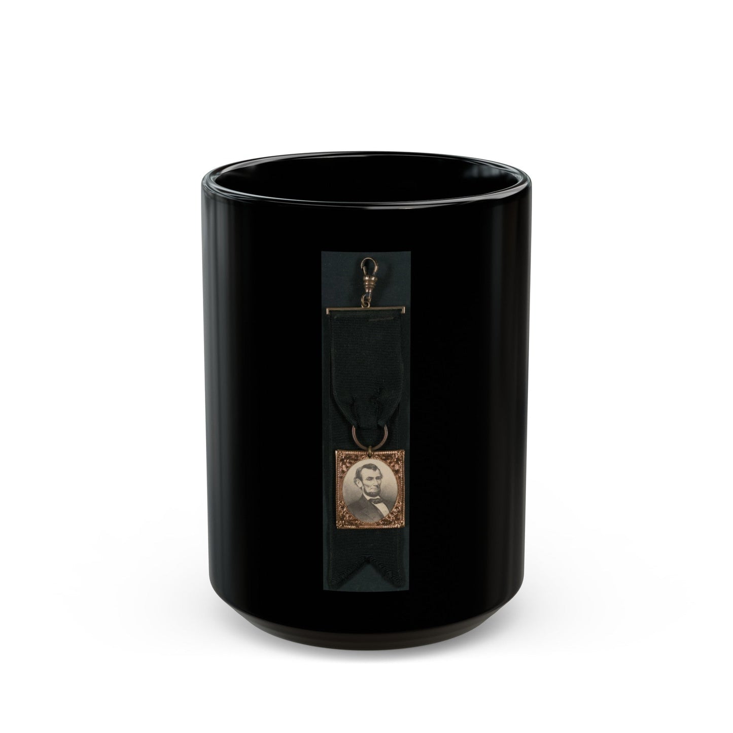 Portrait Of Abraham Lincoln Attached To Black Ribbon (U.S. Civil War) Black Coffee Mug-15oz-The Sticker Space