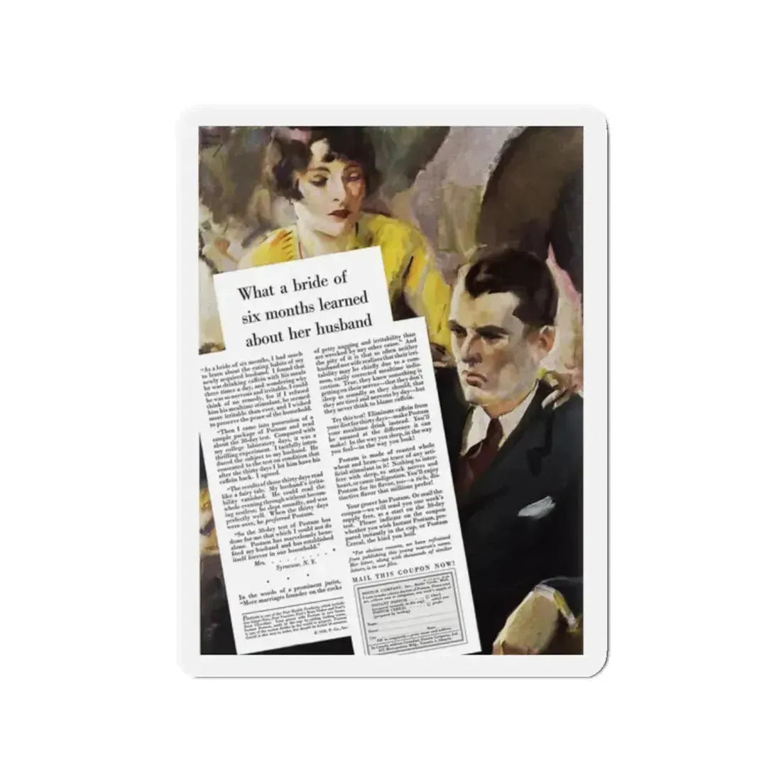 Postum ad, Ladies' Home Journal, October 1928 (Magazine Illustration) Refrigerator Magnet 2 Inch Die-Cut - The Sticker Space