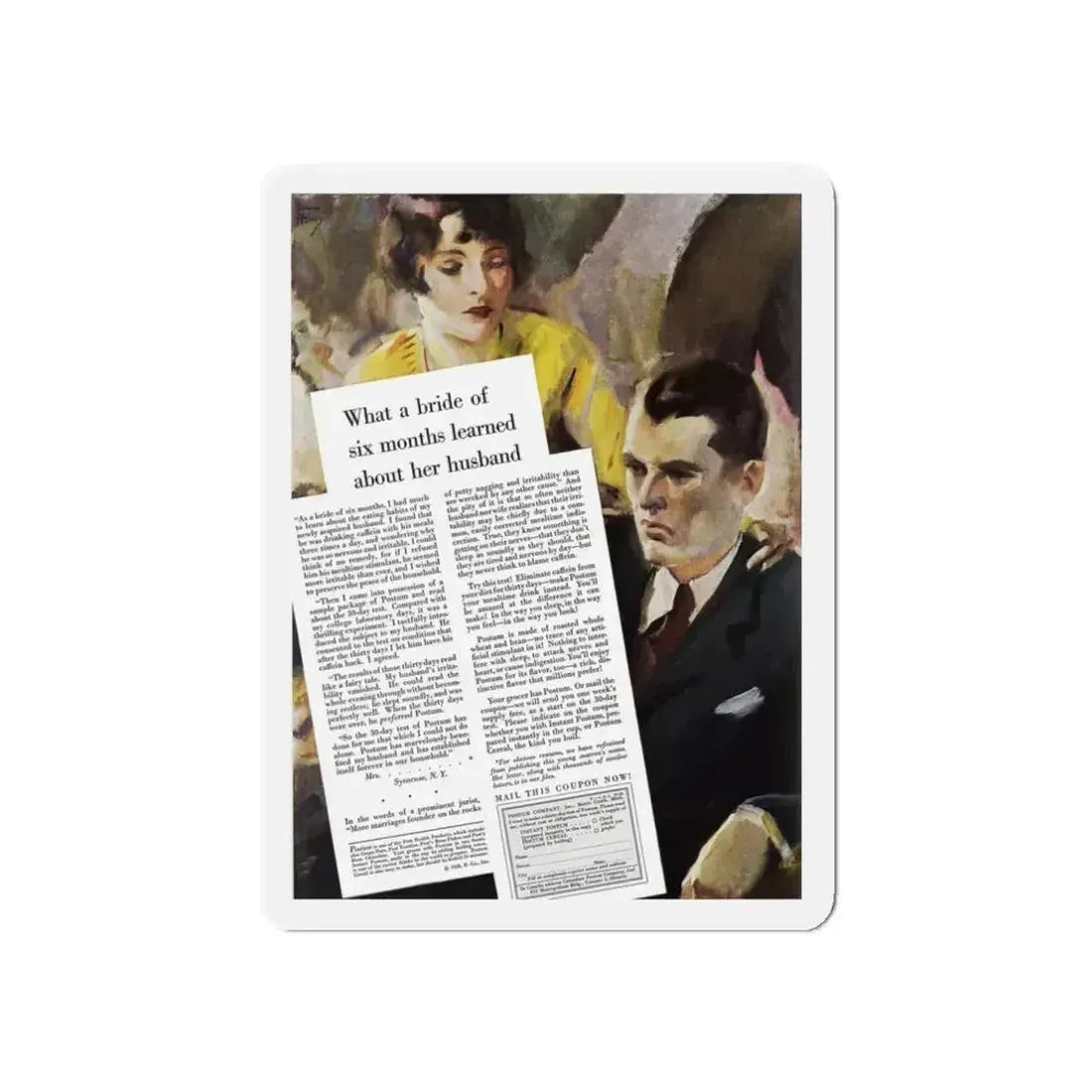 Postum ad, Ladies' Home Journal, October 1928 (Magazine Illustration) Refrigerator Magnet 3 Inch Die-Cut - The Sticker Space