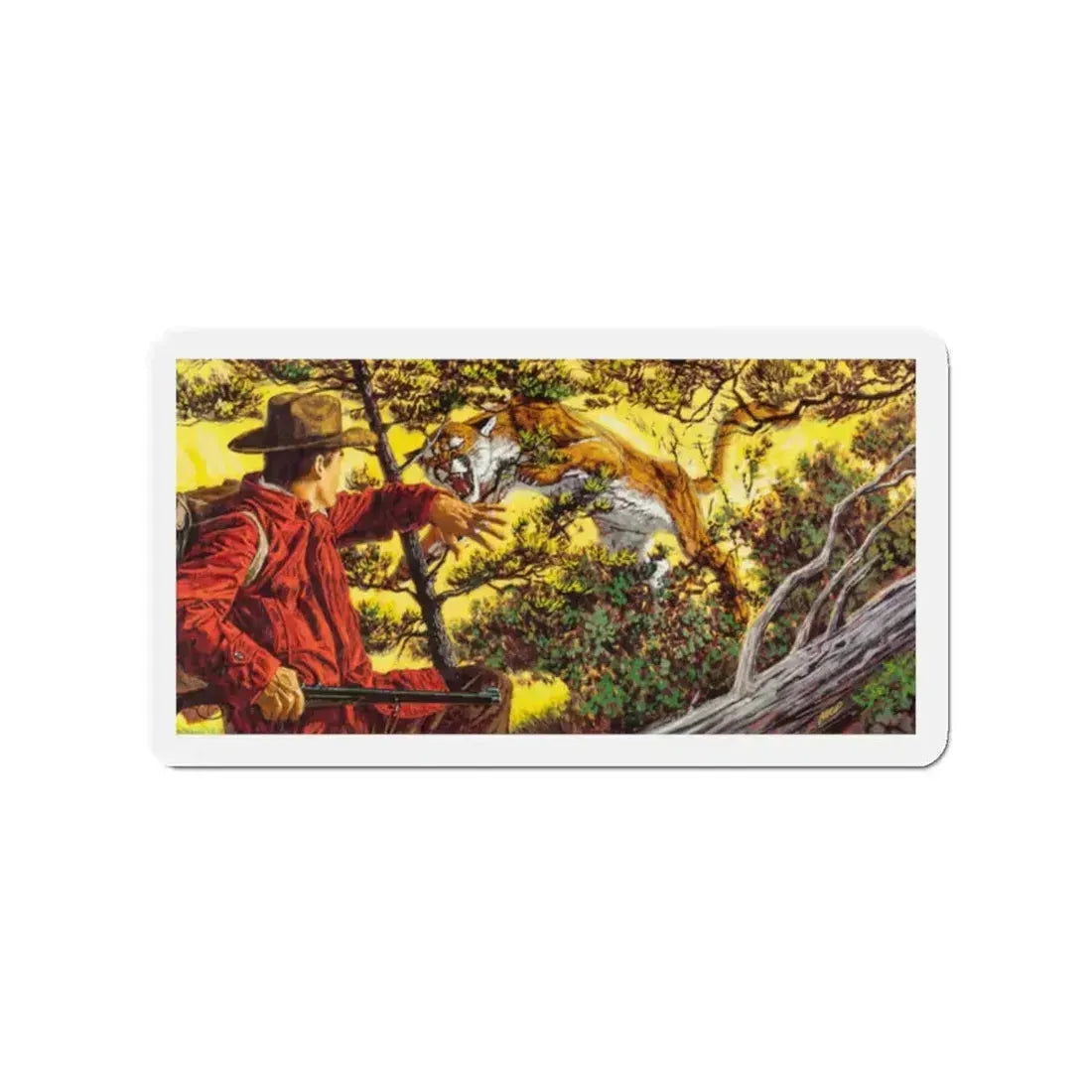 Pouncing Puma, Outdoor Life magazine story illustration, July 1967 (Magazine Illustration) Refrigerator Magnet 2 Inch Die-Cut - The Sticker Space