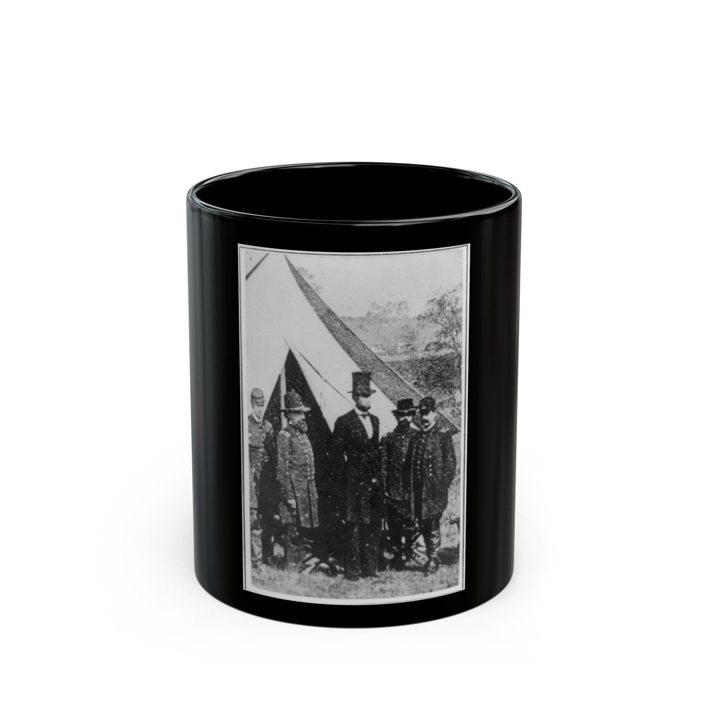 President Abraham Lincoln Posed With Union Officers And Soldiers During His Visit To Antietam, Maryland, October 3, 1862 (U.S. Civil War) Black Coffee Mug-11oz-The Sticker Space