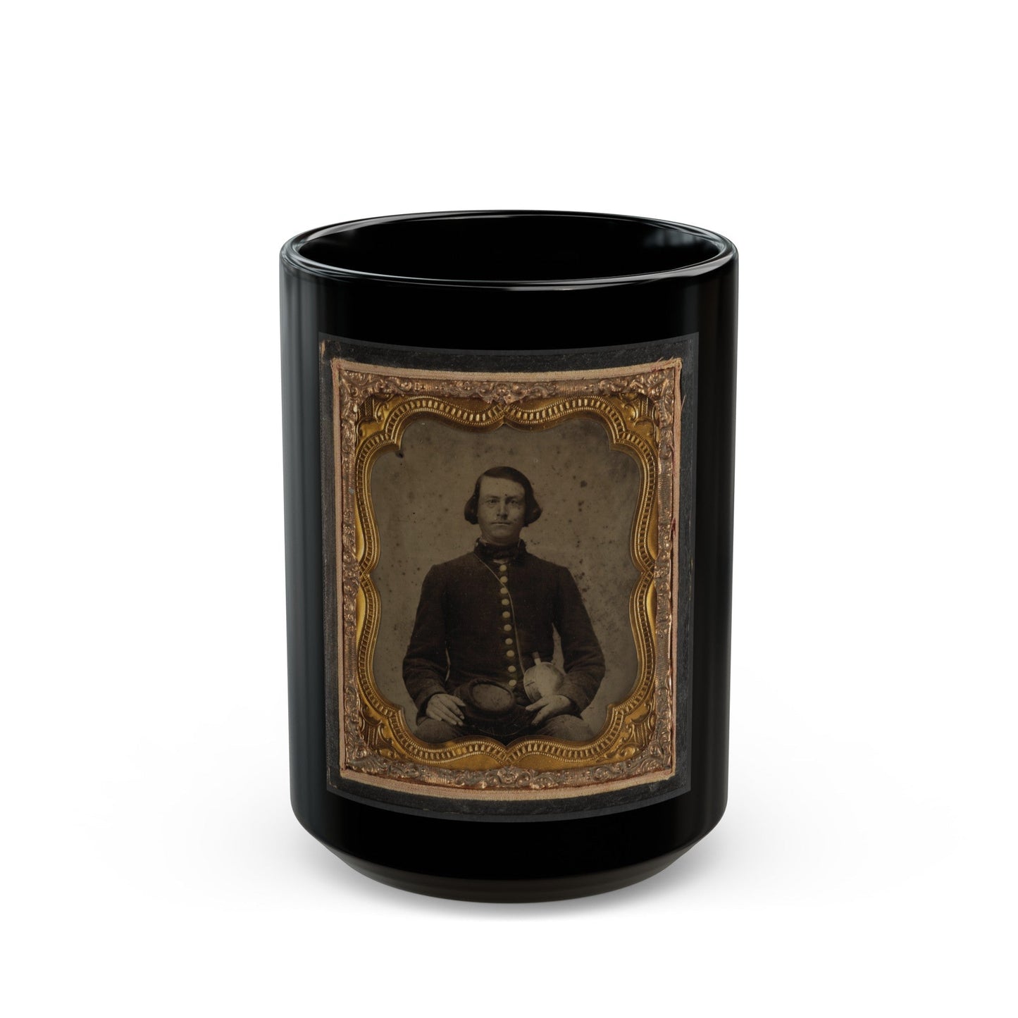 Private Amos Guise Of Co. H, 3rd South Carolina Infantry Regiment, In Uniform With Canteen (U.S. Civil War) Black Coffee Mug-15oz-The Sticker Space