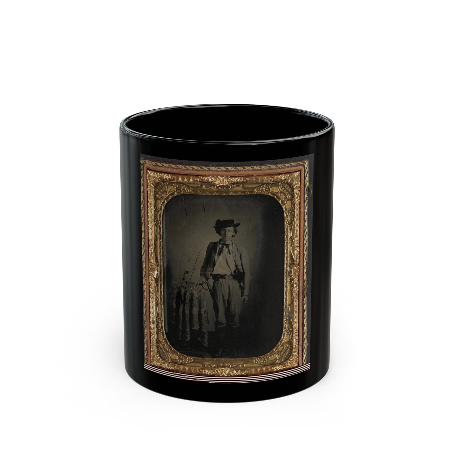 Private Lucien Love Of Co. D, 43rd Virginia Cavalry Battalion, In Uniform With Sword (U.S. Civil War) Black Coffee Mug-11oz-The Sticker Space