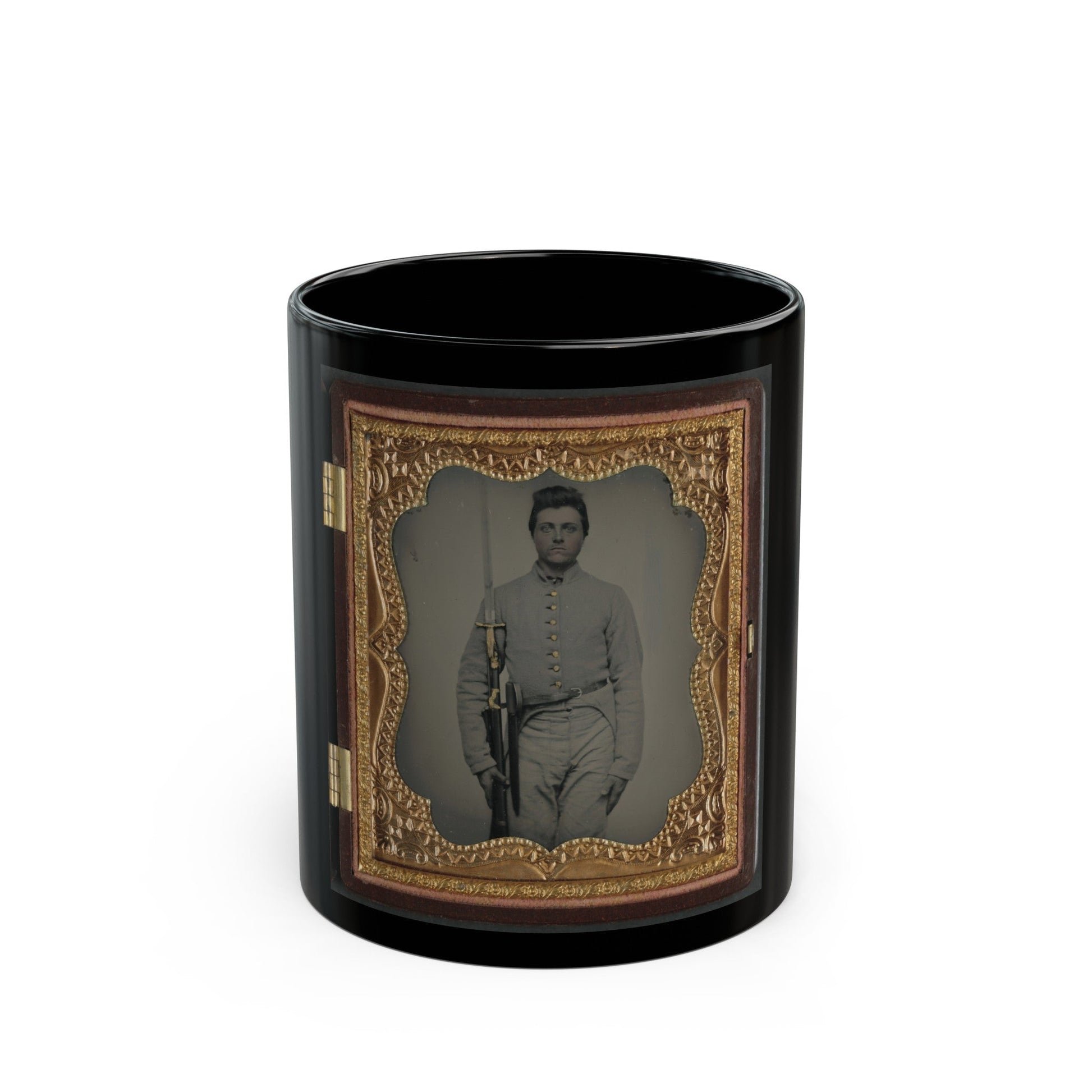 Private Parris P. Casey Of Company I, Cherokee Rangers, 19th Alabama Infantry Regiment, With Bayoneted Musket (U.S. Civil War) Black Coffee Mug-11oz-The Sticker Space