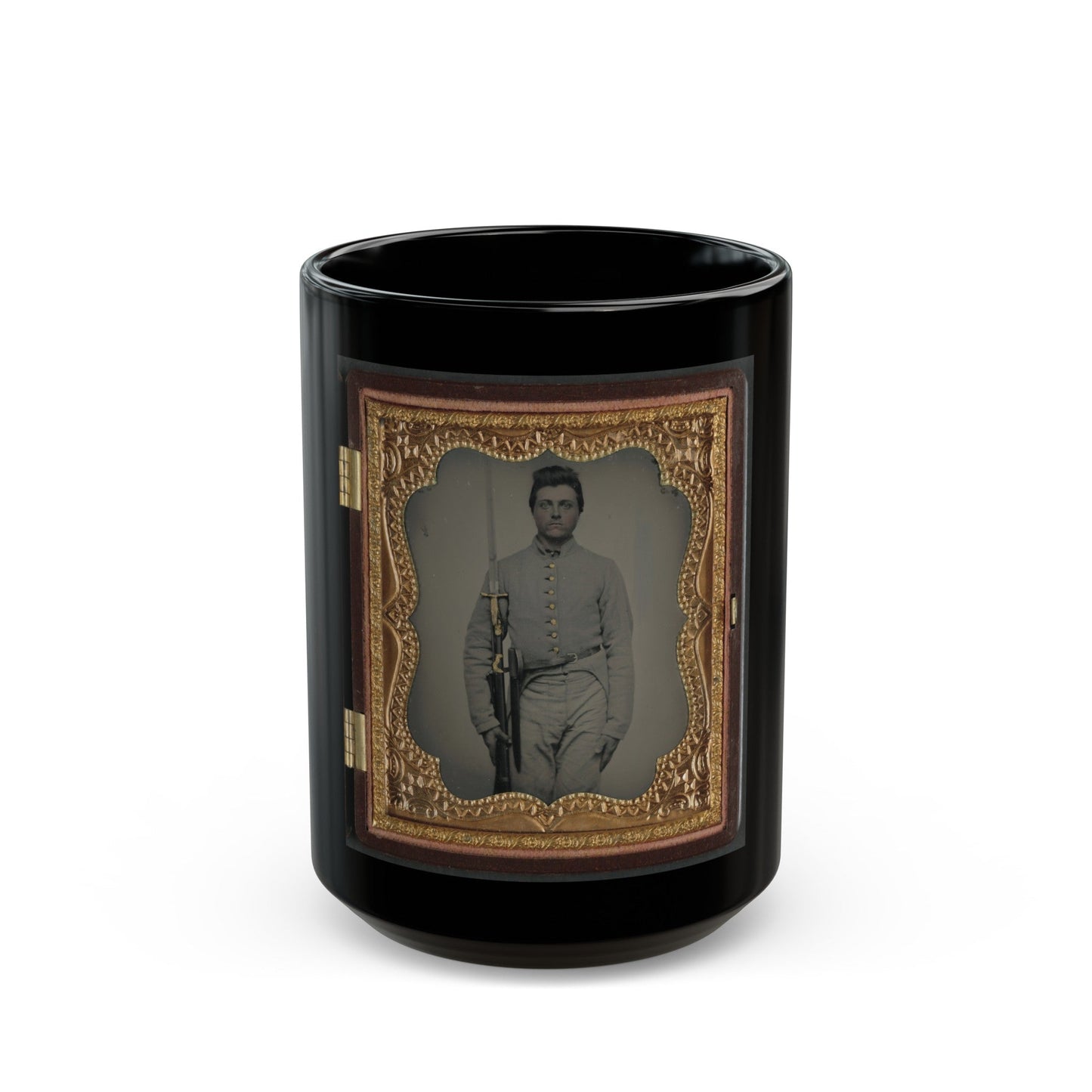 Private Parris P. Casey Of Company I, Cherokee Rangers, 19th Alabama Infantry Regiment, With Bayoneted Musket (U.S. Civil War) Black Coffee Mug-15oz-The Sticker Space