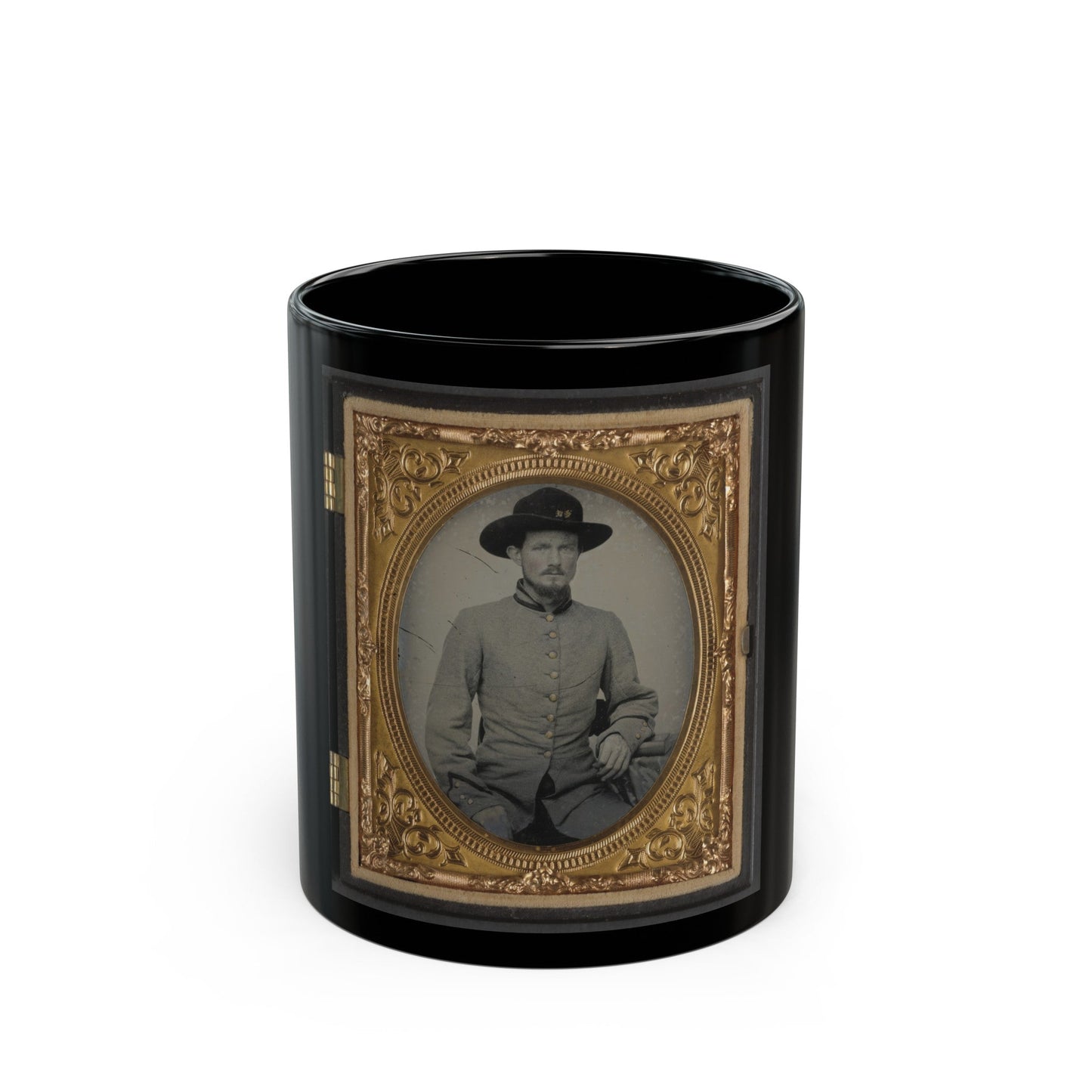 Private Peter H. Bird Of Co. D, 2nd Virginia Cavalry Regiment, In Uniform (U.S. Civil War) Black Coffee Mug-11oz-The Sticker Space