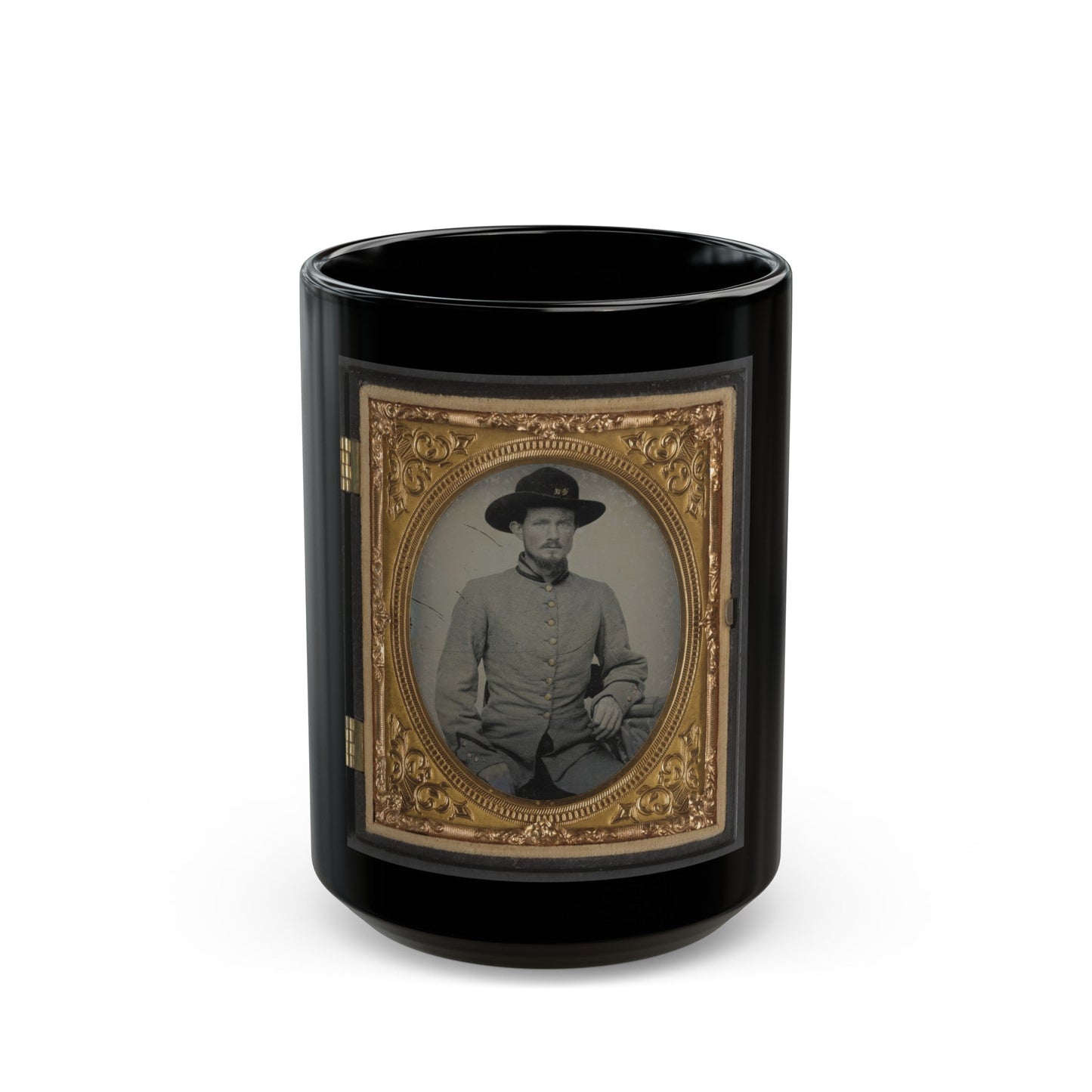 Private Peter H. Bird Of Co. D, 2nd Virginia Cavalry Regiment, In Uniform (U.S. Civil War) Black Coffee Mug-15oz-The Sticker Space