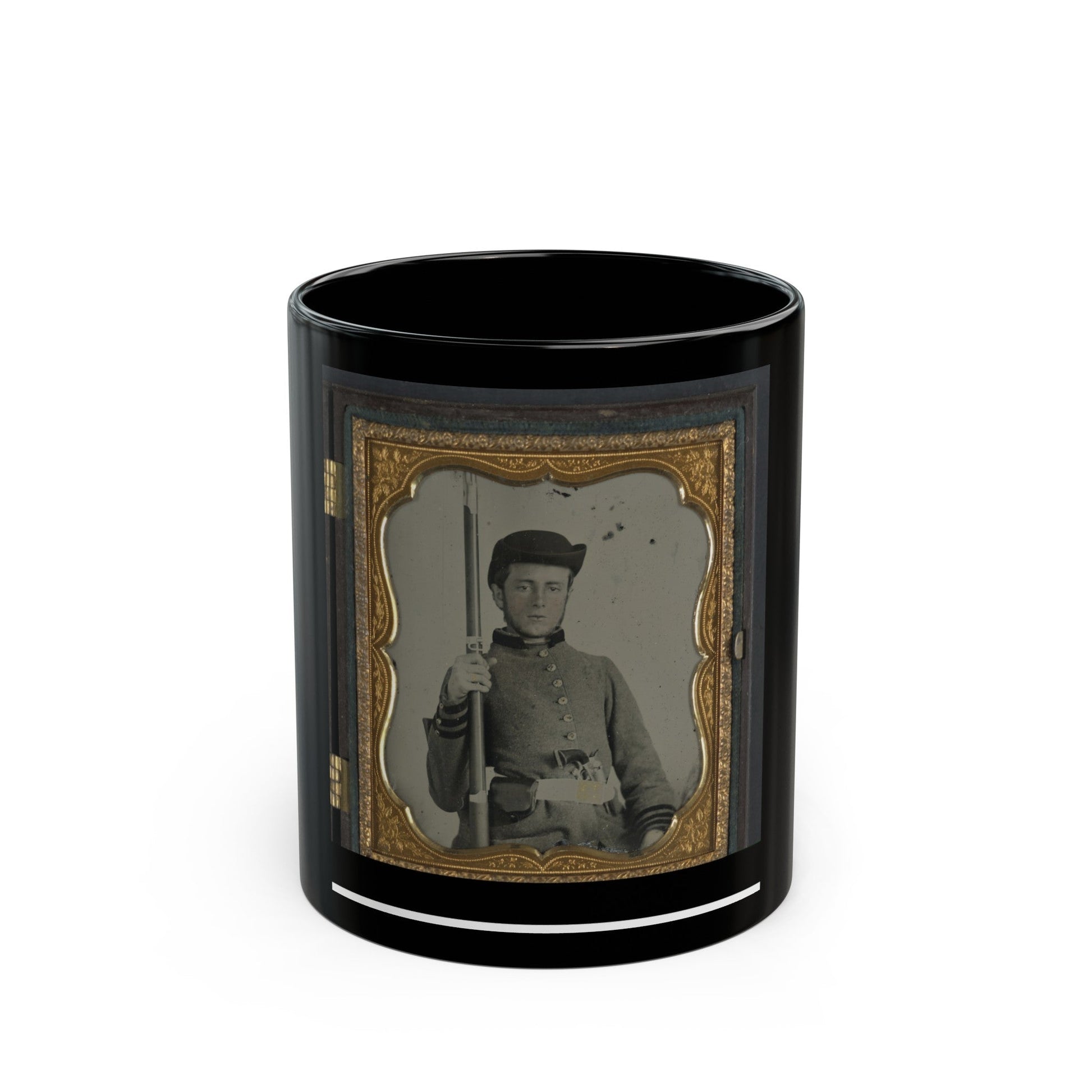 Private Peter Lauck Kurtz Of Company A, 5th Virginia Infantry Regiment, In Uniform With Musket And Revolver (U.S. Civil War) Black Coffee Mug-11oz-The Sticker Space