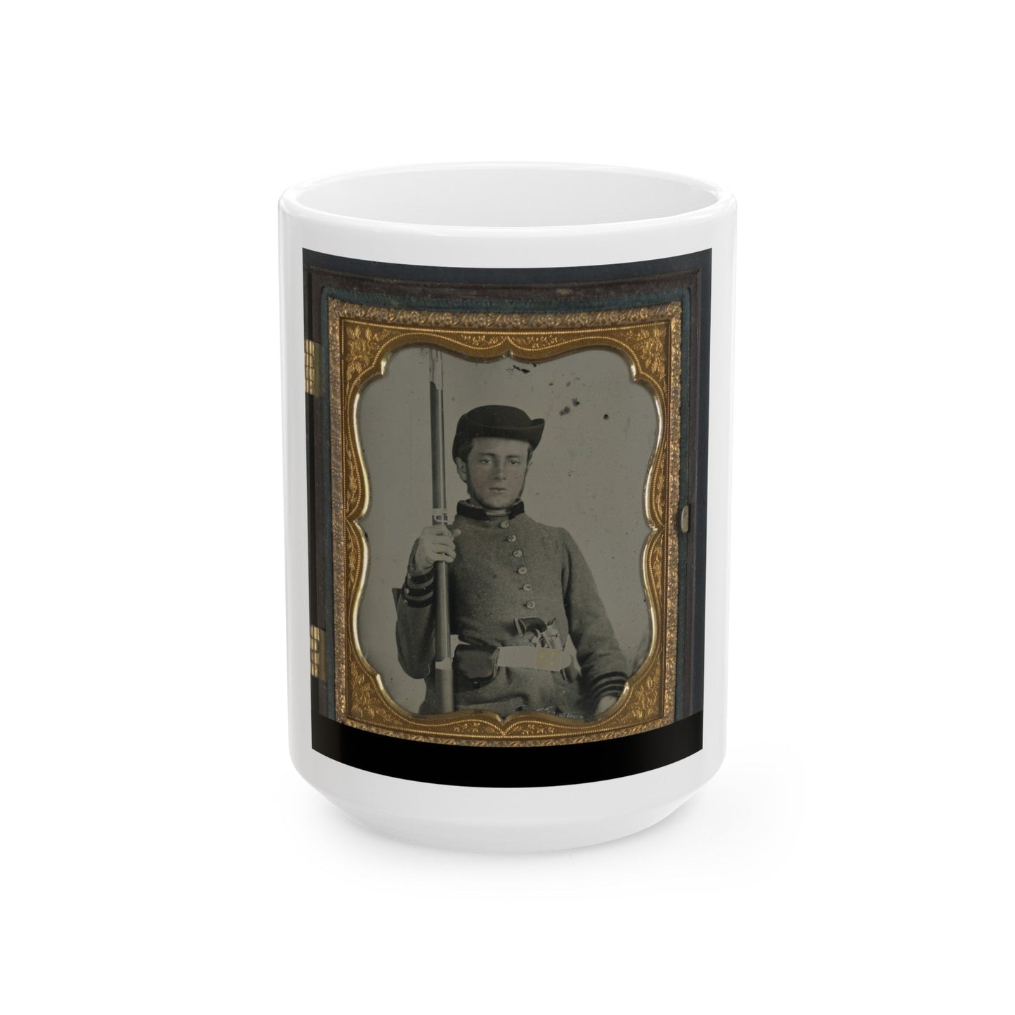 Private Peter Lauck Kurtz Of Company A, 5th Virginia Infantry Regiment, In Uniform With Musket And Revolver (U.S. Civil War) White Coffee Mug-15oz-The Sticker Space