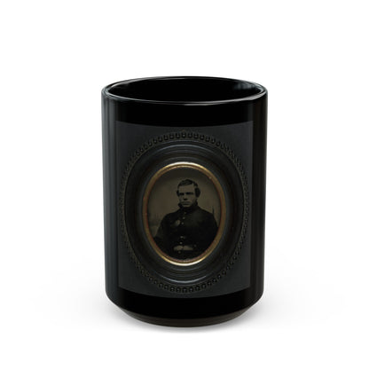 Private Roscoe G. Davenport Of Company H, 21st Maine Infantry In Front Of Painted Backdrop Showing Rugged Coast (U.S. Civil War) Black Coffee Mug-15oz-The Sticker Space