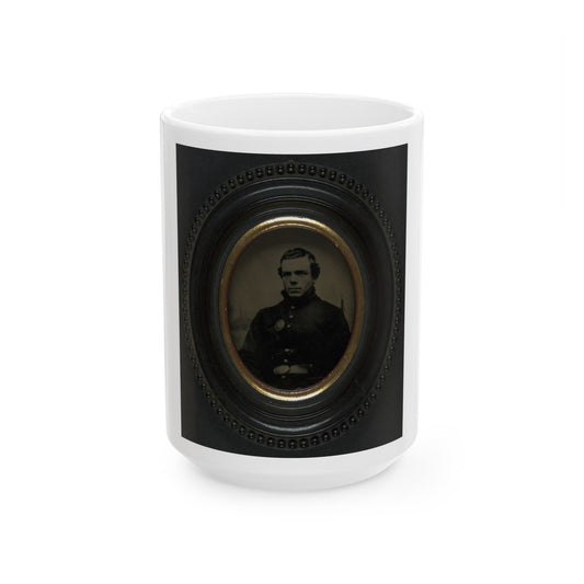 Private Roscoe G. Davenport Of Company H, 21st Maine Infantry In Front Of Painted Backdrop Showing Rugged Coast (U.S. Civil War) White Coffee Mug-15oz-The Sticker Space