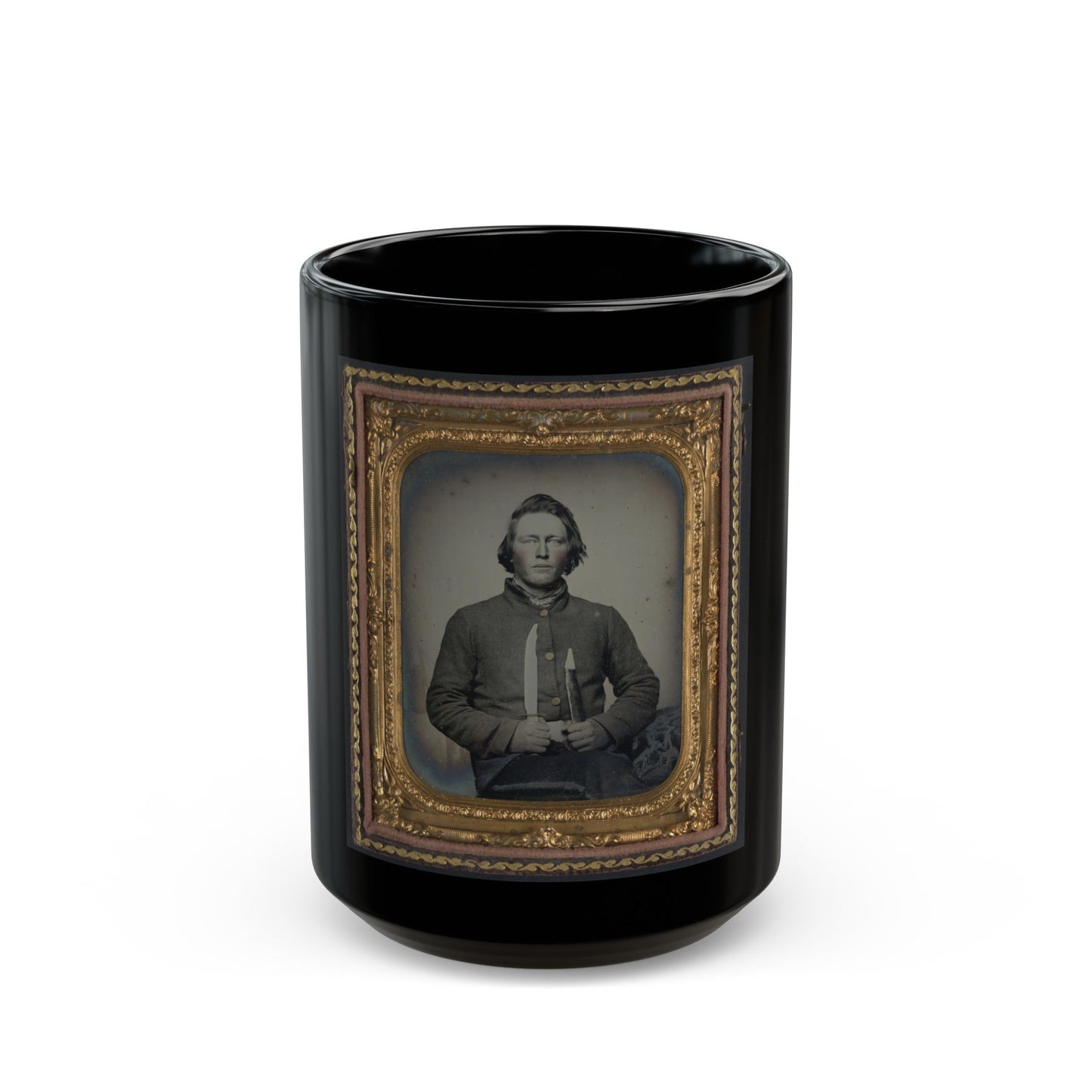 Private Samuel H. Wilhelm Of I Company, 4th Virginia Infantry Regiment With Knife (U.S. Civil War) Black Coffee Mug-15oz-The Sticker Space