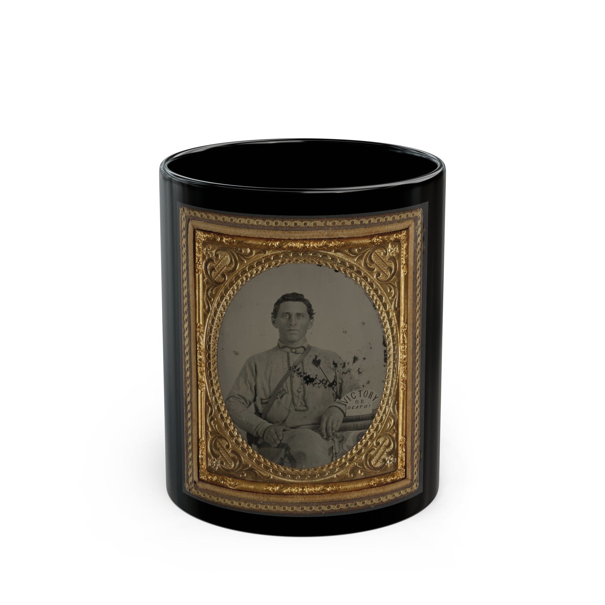 Private Silas A. Shirley Of Co. H, 16th Mississippi Infantry Regiment, With Books And Sign Reading Victory Or Death! (U.S. Civil War) Black Coffee Mug-11oz-The Sticker Space