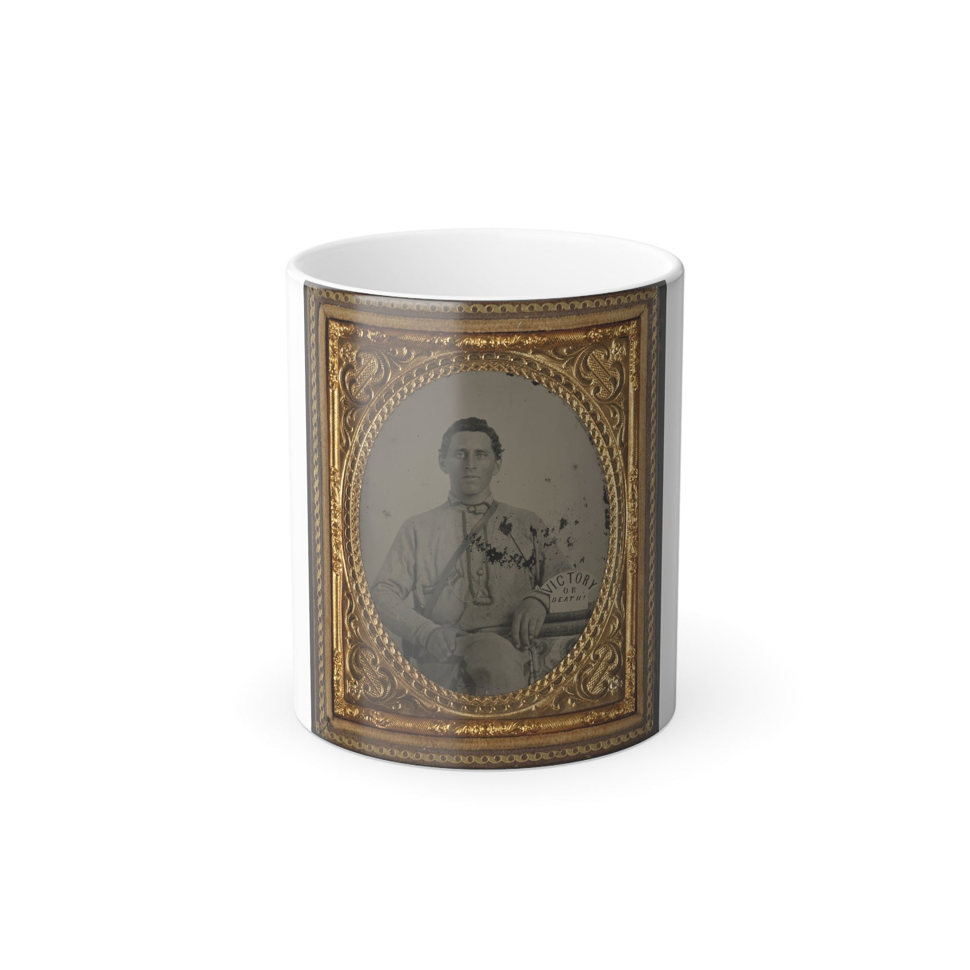 Private Silas A. Shirley of Co. H, 16Th Mississippi Infantry Regiment, With Books and Sign Reading Victory or Death! (U.S. Civil War) Color Morphing Mug 11oz-11oz-The Sticker Space