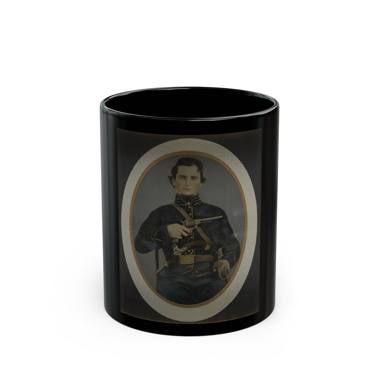 Private Silas York Of Co. F, 5th Illinois Cavalry Regiment, With Single Shot Percussion Pistol, Lefaucheux Revolver, And Sword (U.S. Civil War) Black Coffee Mug-11oz-The Sticker Space