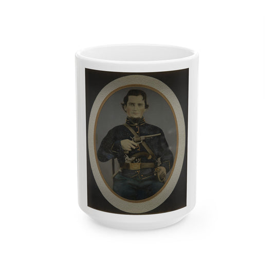 Private Silas York Of Co. F, 5th Illinois Cavalry Regiment, With Single Shot Percussion Pistol, Lefaucheux Revolver, And Sword (U.S. Civil War) White Coffee Mug-15oz-The Sticker Space