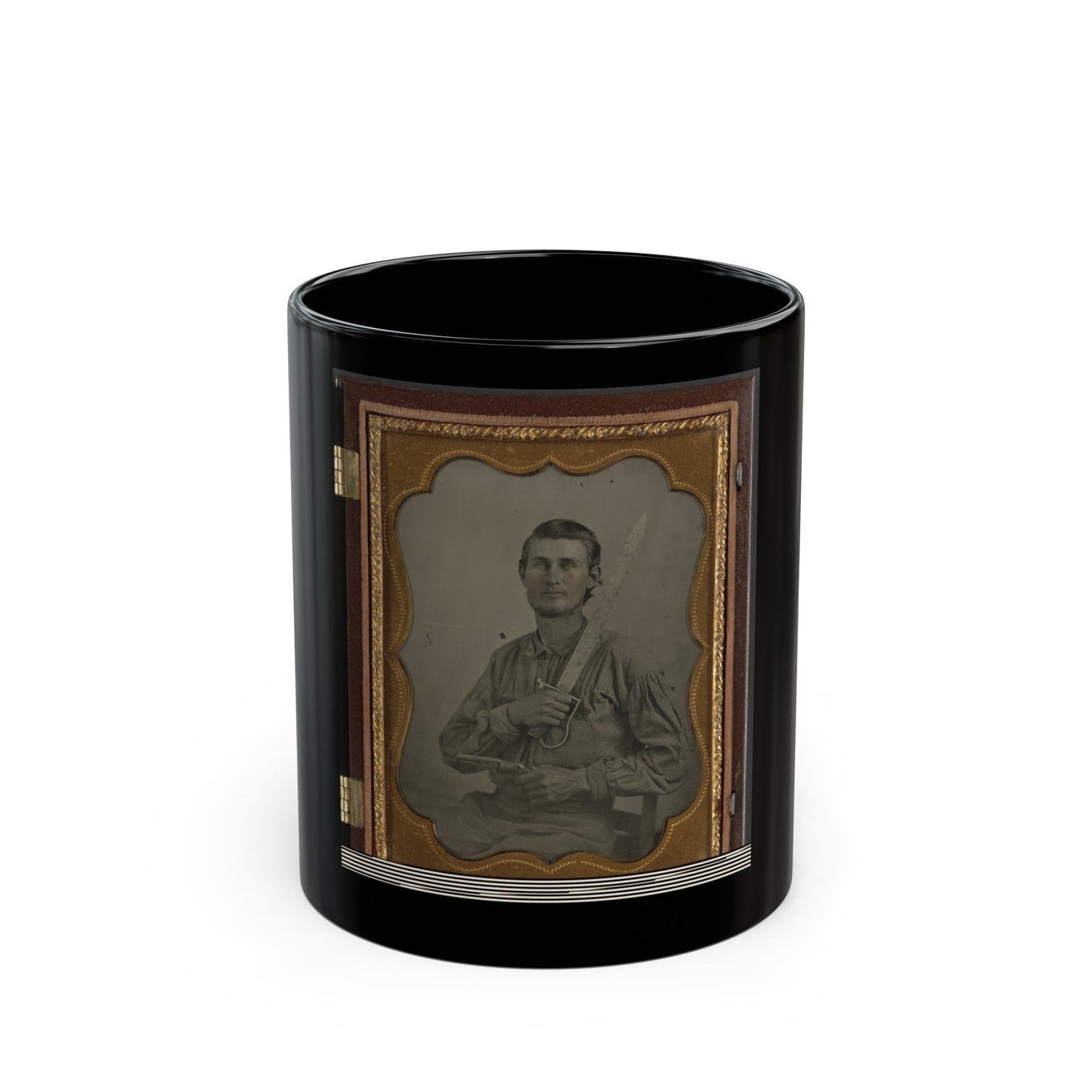 Private Simeon J. Crews Of Co. F, 7th Texas Cavalry Regiment, With Cut Down Saber And Revolver (U.S. Civil War) Black Coffee Mug-11oz-The Sticker Space