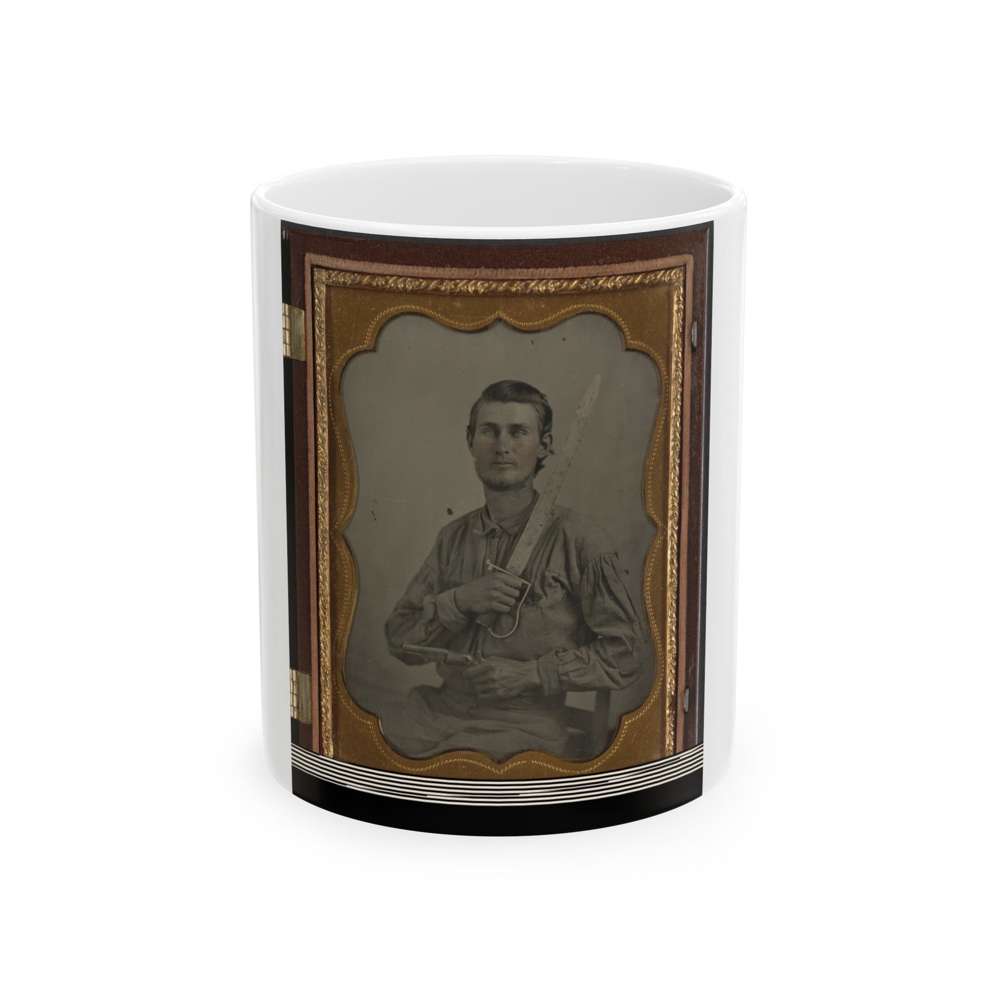 Private Simeon J. Crews Of Co. F, 7th Texas Cavalry Regiment, With Cut Down Saber And Revolver (U.S. Civil War) White Coffee Mug-11oz-The Sticker Space