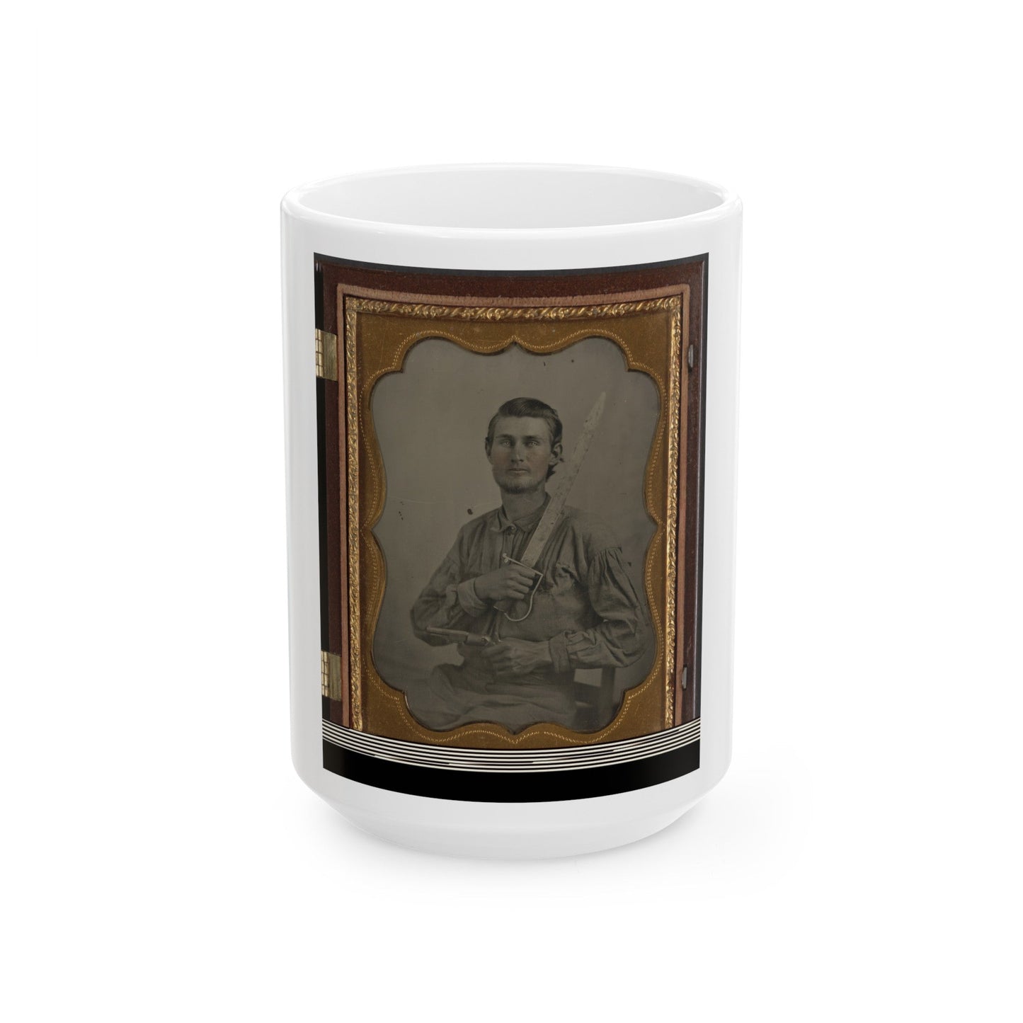 Private Simeon J. Crews Of Co. F, 7th Texas Cavalry Regiment, With Cut Down Saber And Revolver (U.S. Civil War) White Coffee Mug-15oz-The Sticker Space