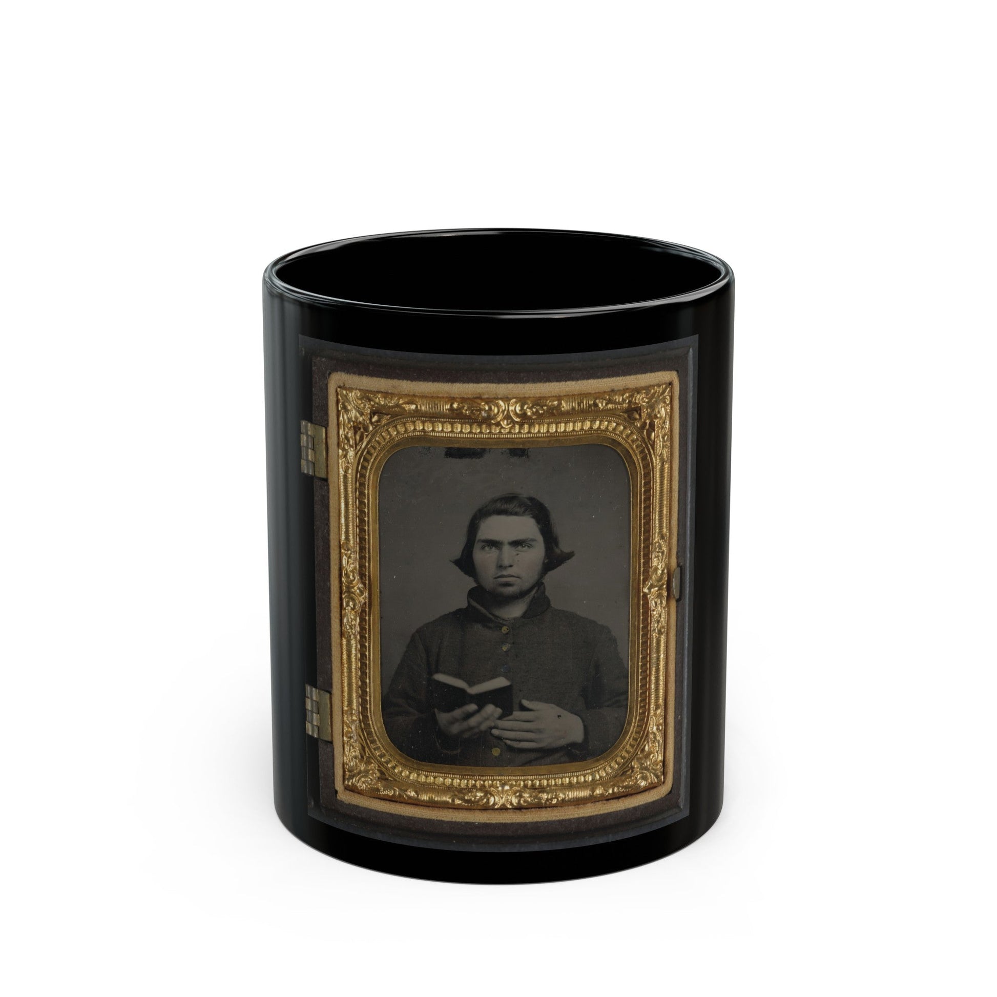 Private Thomas Mccreary Of Co. E, 3rd Kentucky Cavalry Regiment, In A Columbus Depot Jacket And Holding A Book (U.S. Civil War) Black Coffee Mug-11oz-The Sticker Space