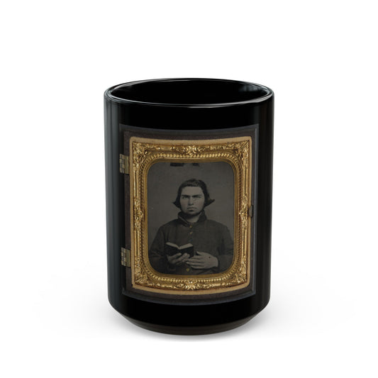 Private Thomas Mccreary Of Co. E, 3rd Kentucky Cavalry Regiment, In A Columbus Depot Jacket And Holding A Book (U.S. Civil War) Black Coffee Mug-15oz-The Sticker Space