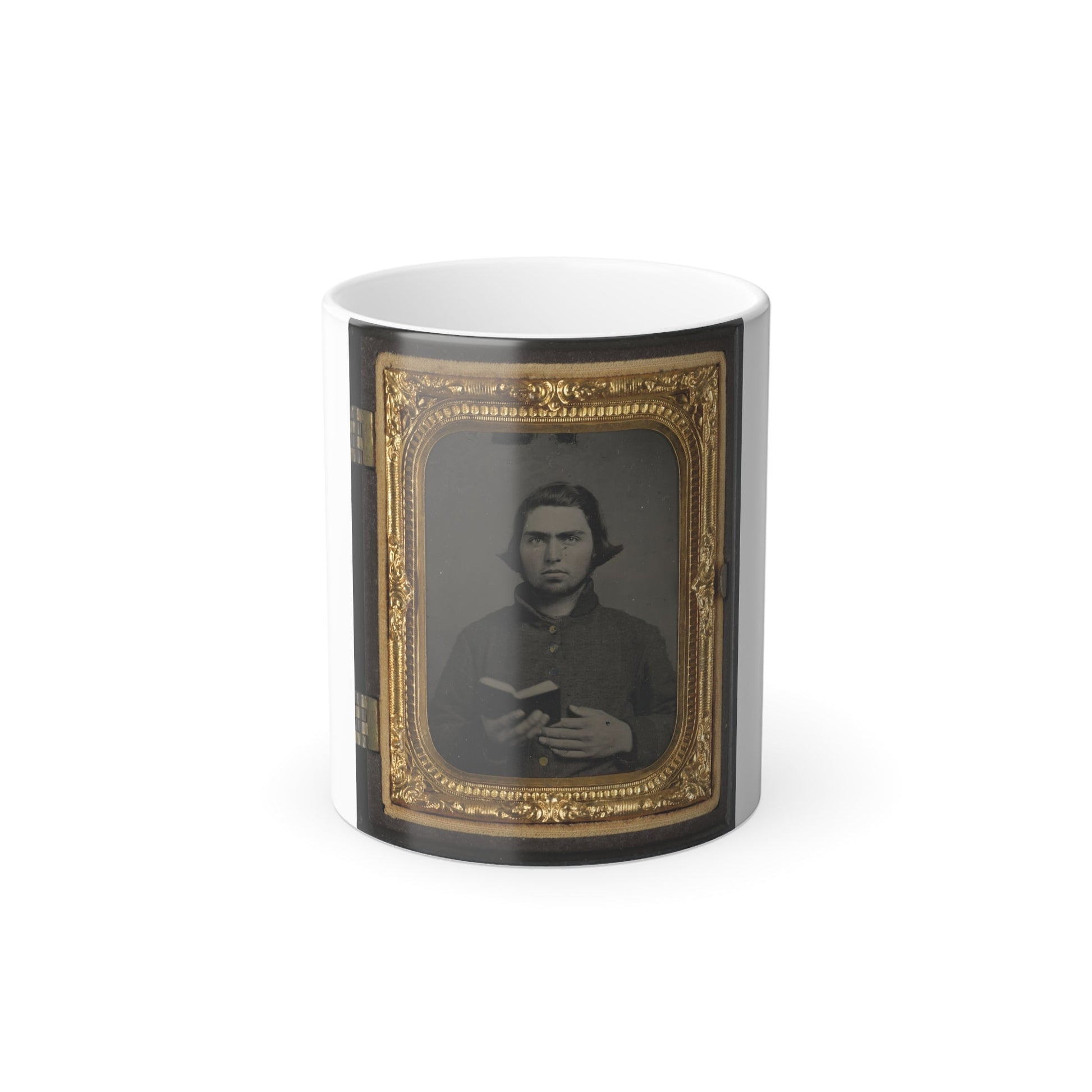 Private Thomas Mccreary of Co. E, 3Rd Kentucky Cavalry Regiment, in a Columbus Depot Jacket and Holding a Book (U.S. Civil War) Color Morphing Mug 11oz-11oz-The Sticker Space