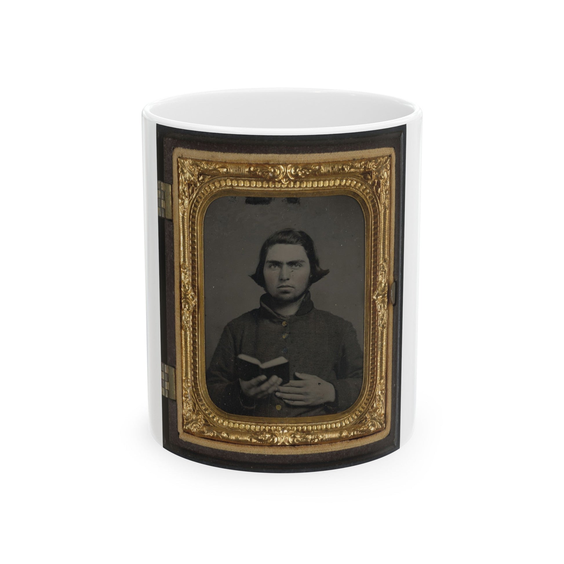 Private Thomas Mccreary Of Co. E, 3rd Kentucky Cavalry Regiment, In A Columbus Depot Jacket And Holding A Book (U.S. Civil War) White Coffee Mug-11oz-The Sticker Space