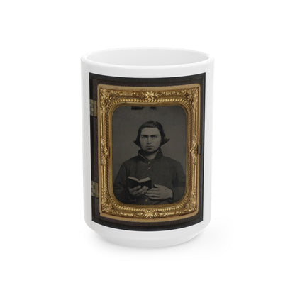 Private Thomas Mccreary Of Co. E, 3rd Kentucky Cavalry Regiment, In A Columbus Depot Jacket And Holding A Book (U.S. Civil War) White Coffee Mug-15oz-The Sticker Space