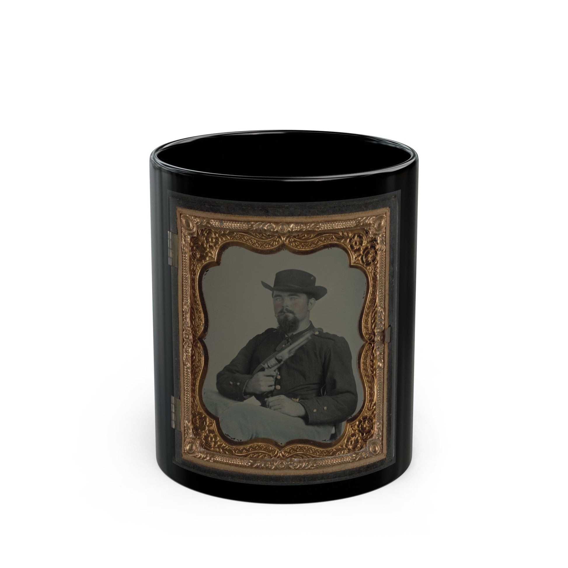 Private William B. Todd Of Company E, 9th Virginia Cavalry Regiment With Colt Army Revolver And Smoking A Cigar (U.S. Civil War) Black Coffee Mug-11oz-The Sticker Space